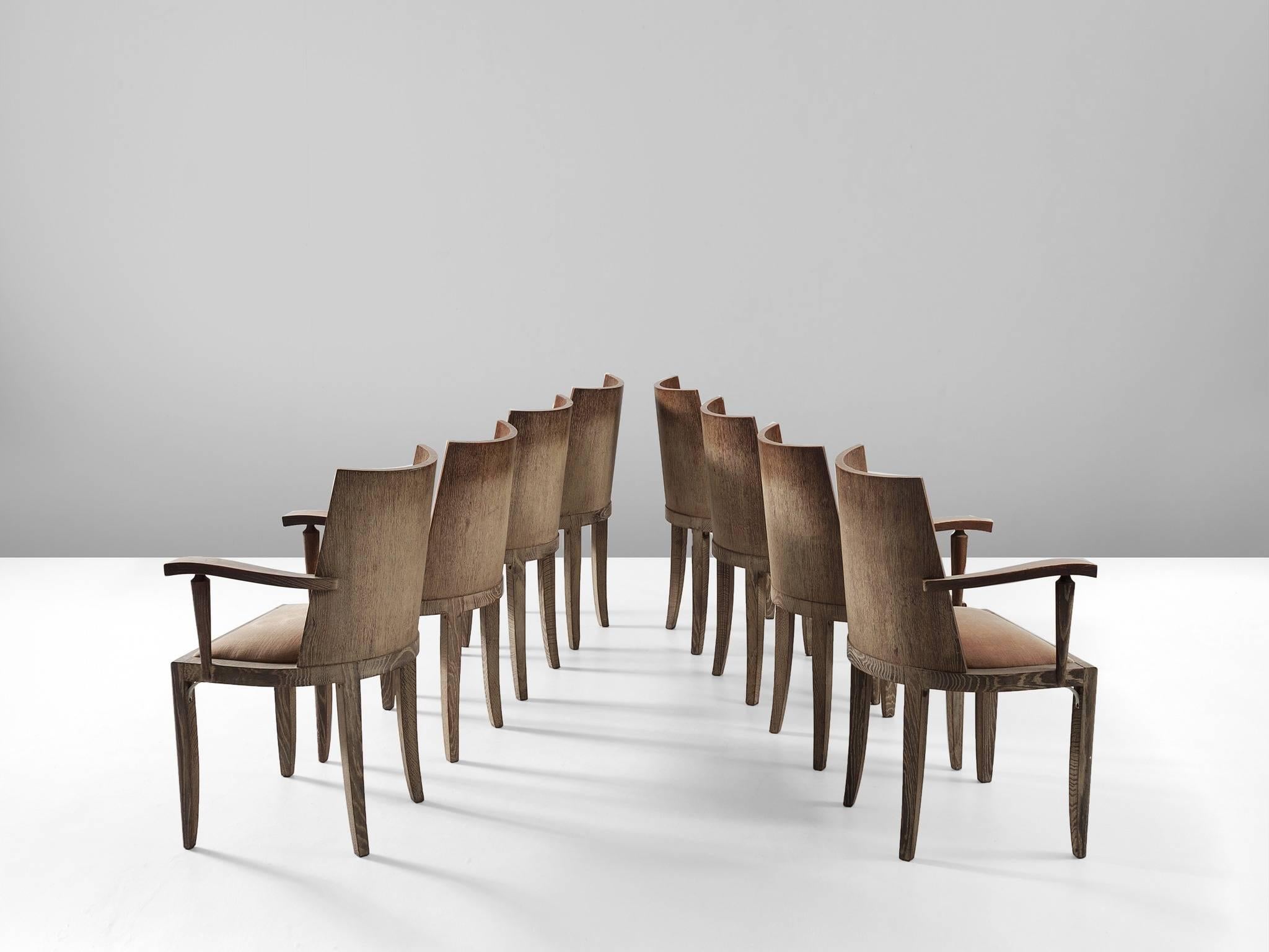 Belgian De Coene Set of Six Dining Chairs and Two Armchairs in Cerused Oak