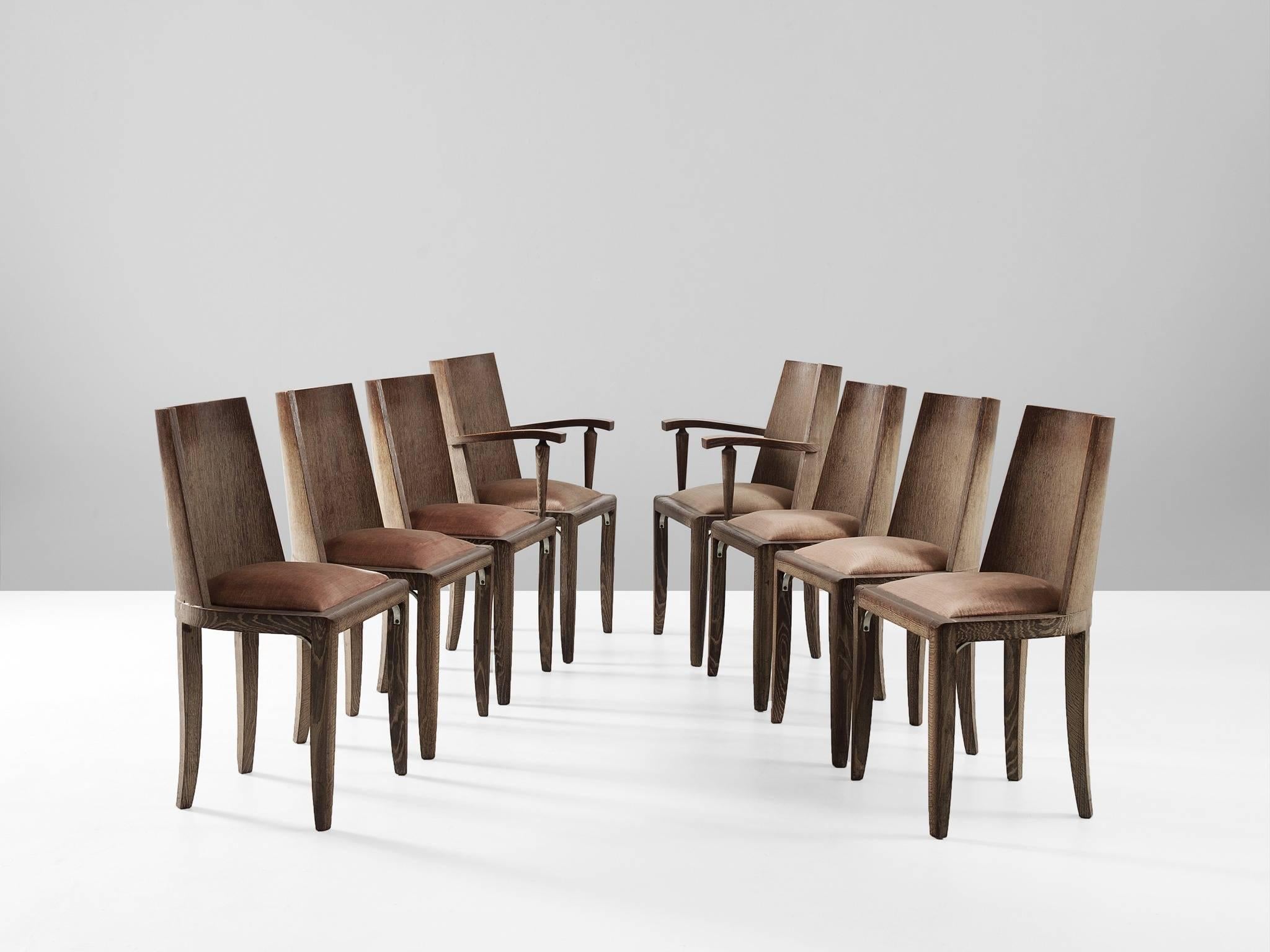 Art Deco De Coene Set of Six Dining Chairs and Two Armchairs in Cerused Oak