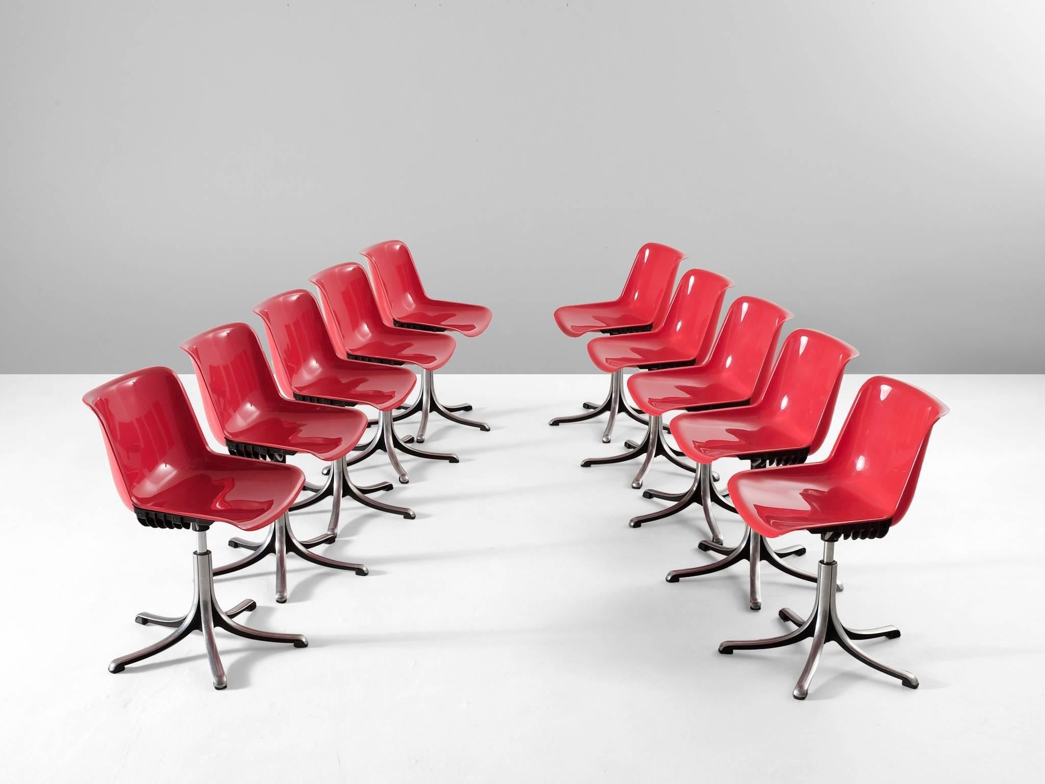 Set of ten chairs model 'Modus', in cast aluminum and polypropylene, for Tecno, Italy, 1972.

The Modus chair was designed as a highly versatile item for the many different uses of furnishing: a desk chair, a seat for waiting rooms or auditoriums