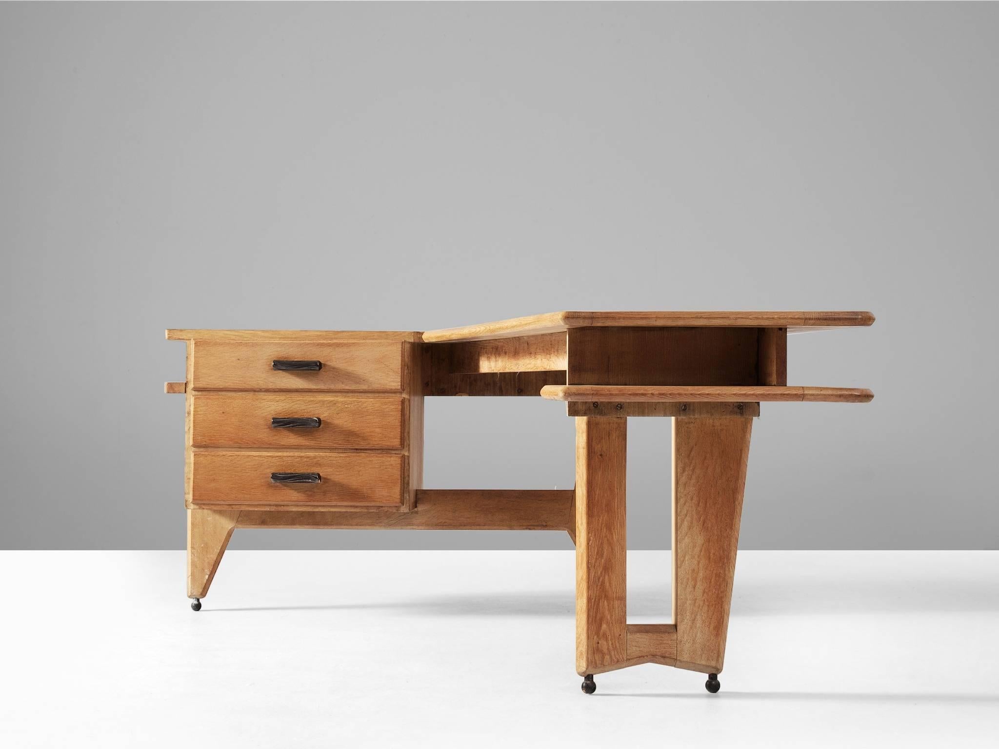 Mid-Century Modern Guillerme & Chambron Desk and Return in Solid Oak 
