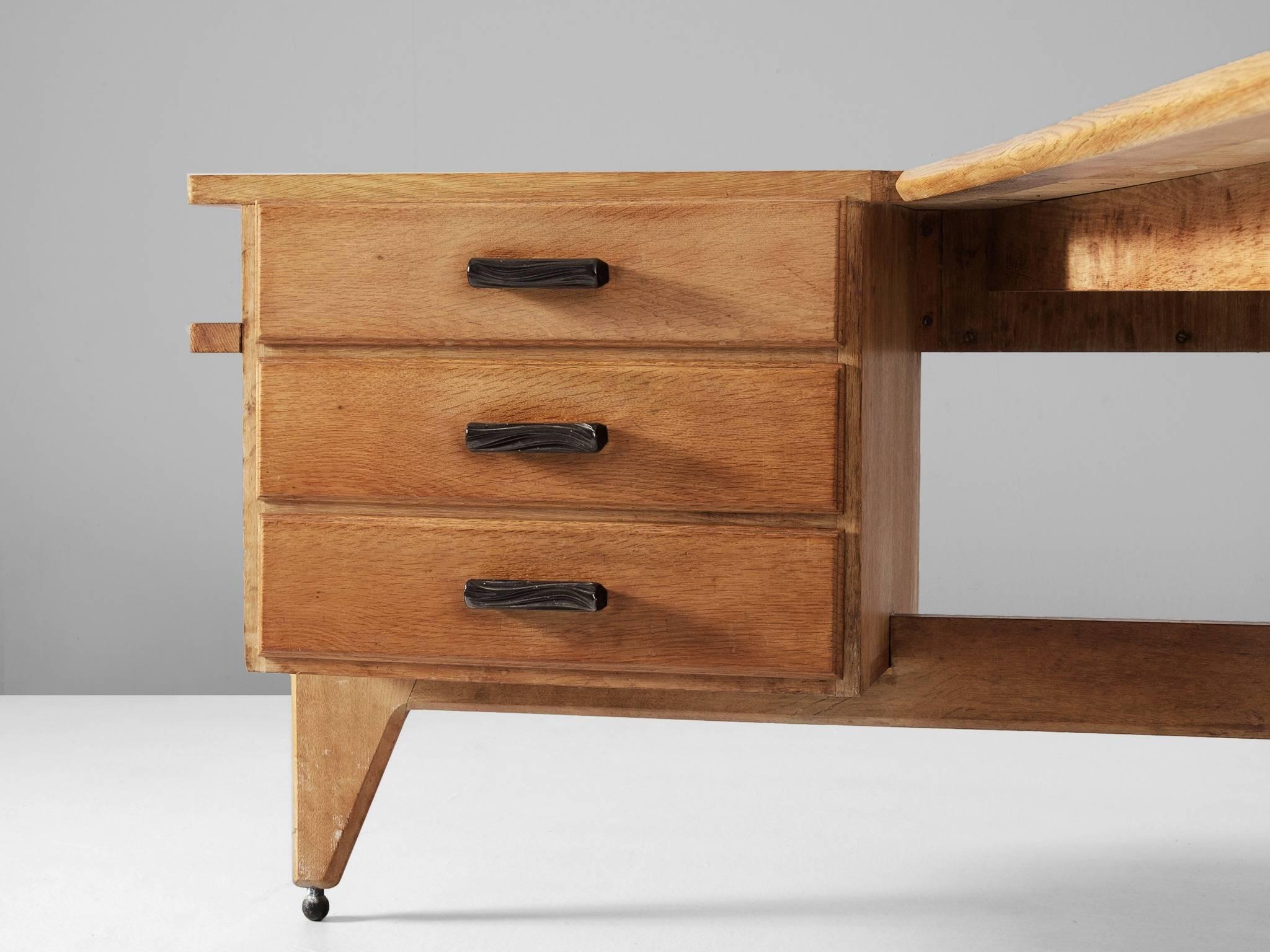 Mid-20th Century Guillerme & Chambron Desk and Return in Solid Oak 