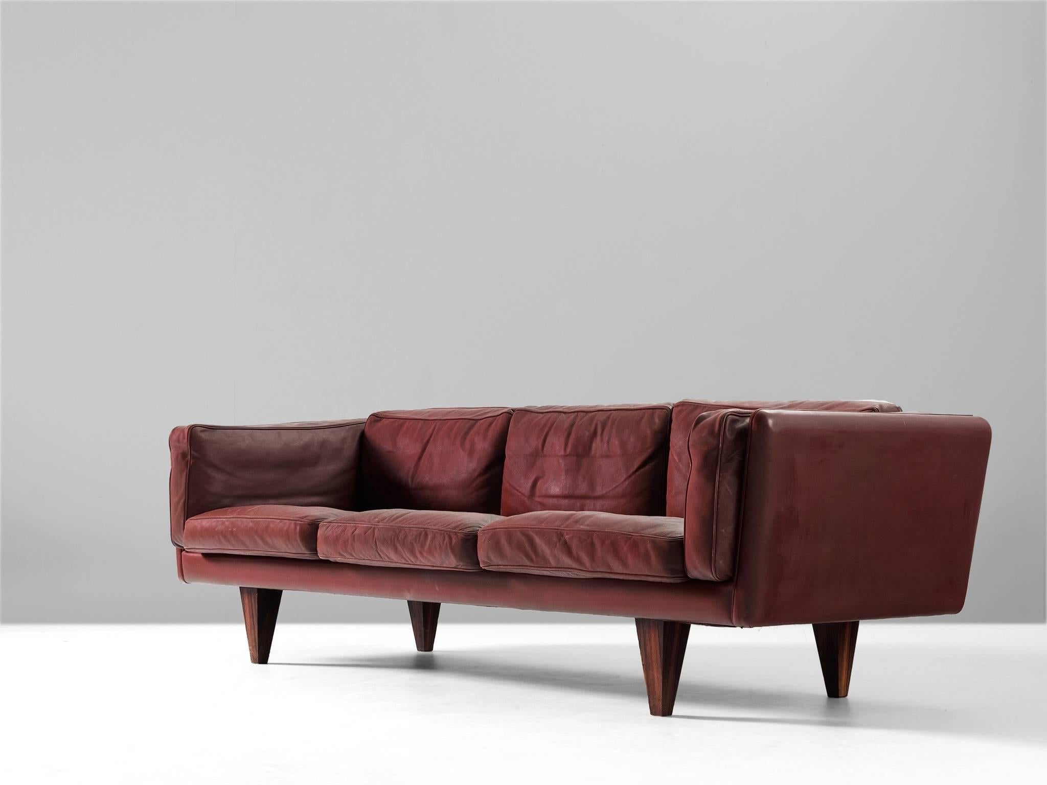 Scandinavian Modern Illum Wikkelsø Fully Restored Sofa in Burgundy Red Leather