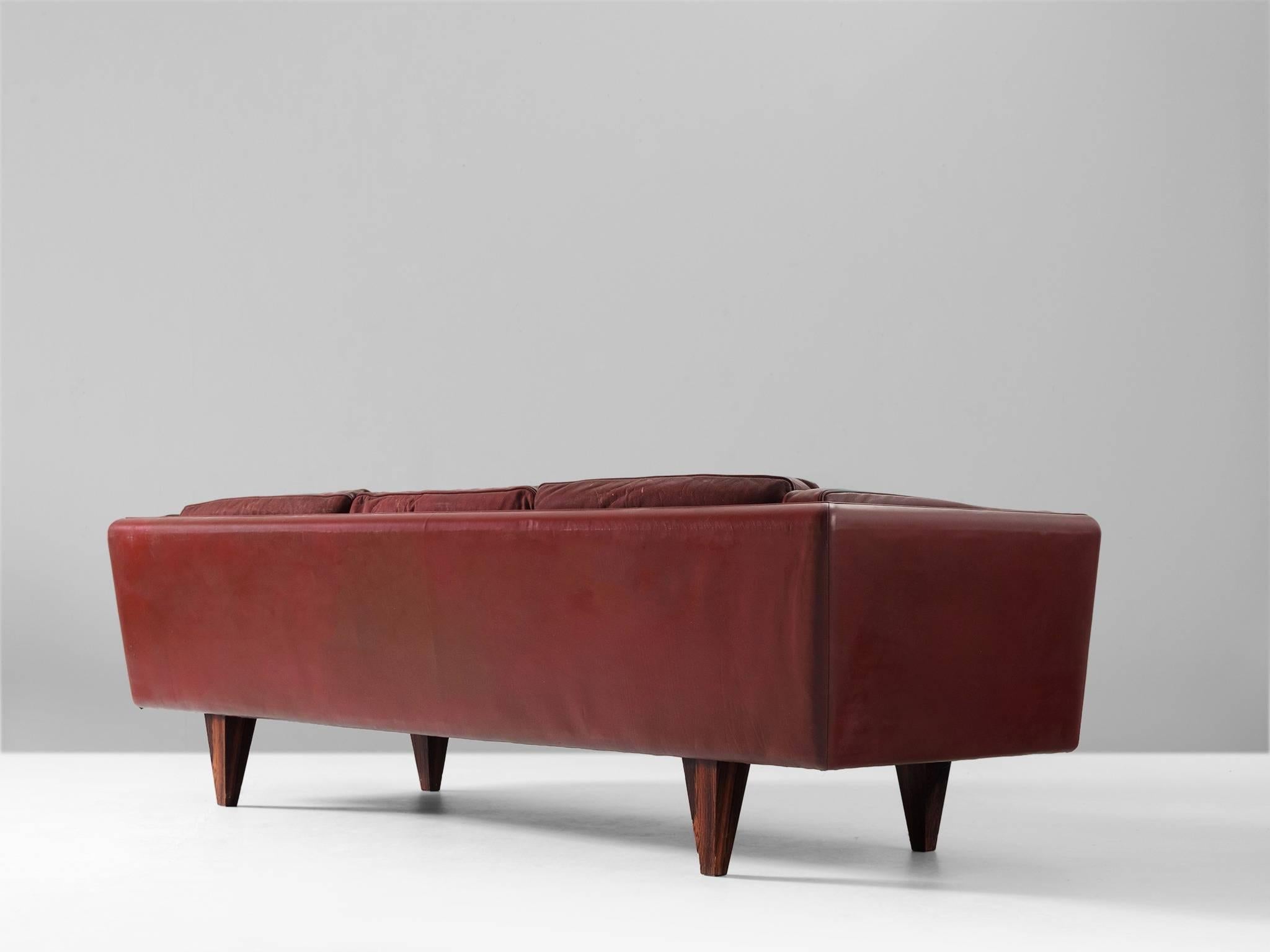Danish Illum Wikkelsø Fully Restored Sofa in Burgundy Red Leather
