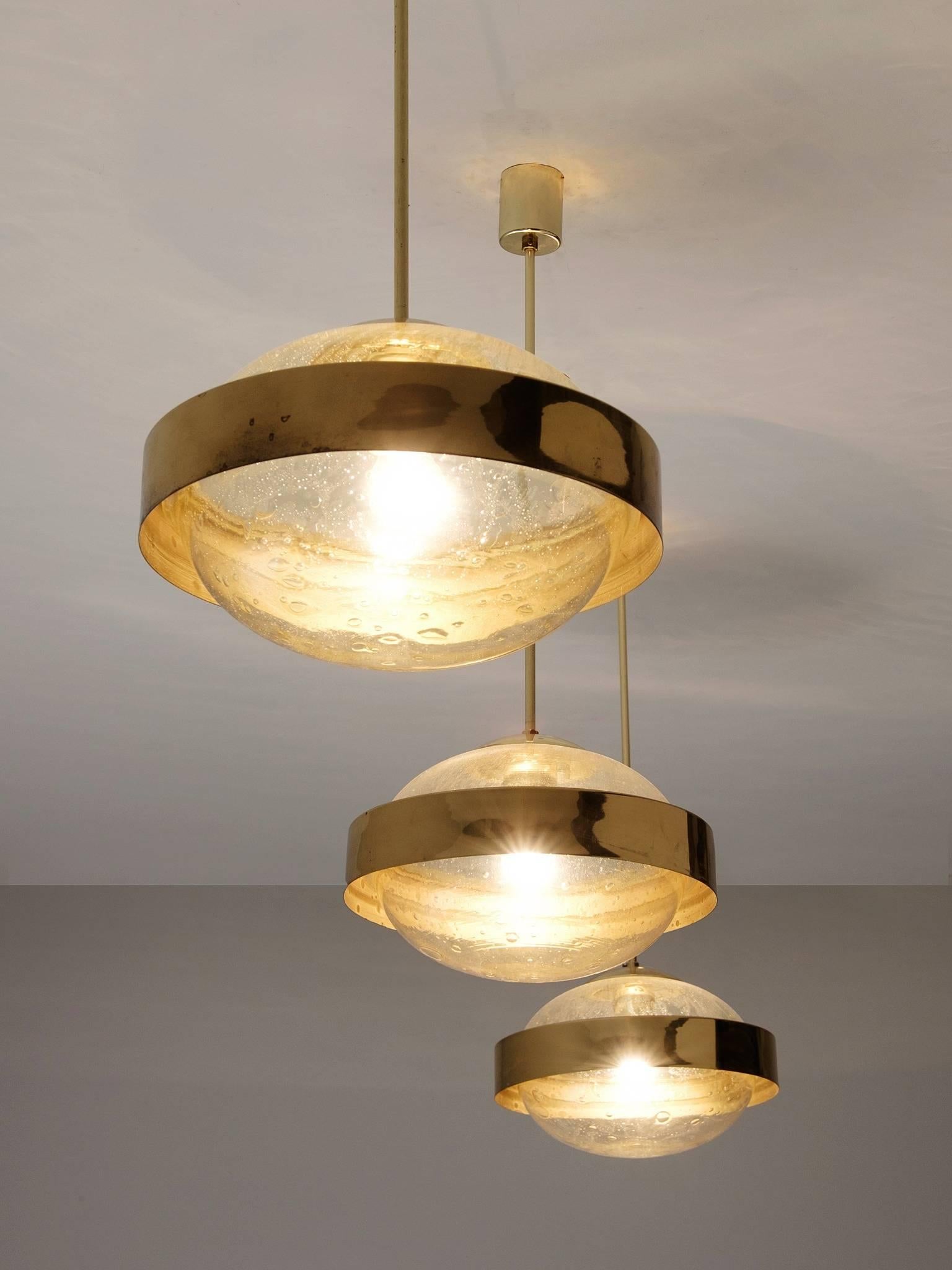 Mid-Century Modern Set of Three Pendants in Brass and Glass