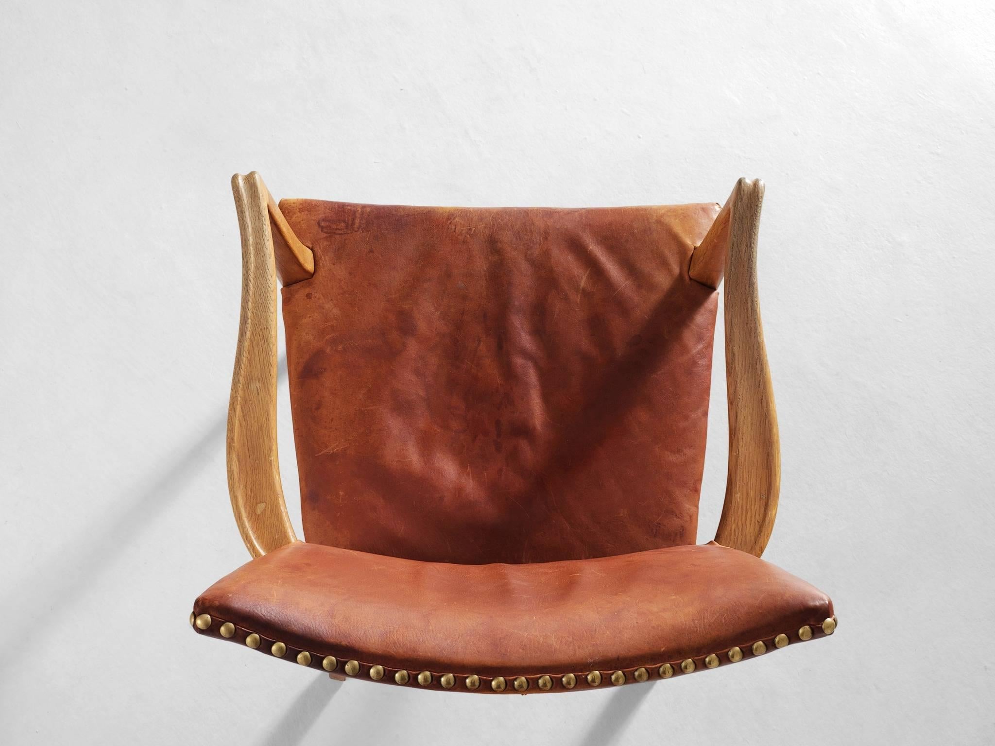 Mid-20th Century Danish Armchair in Oak and Cognac Leather 