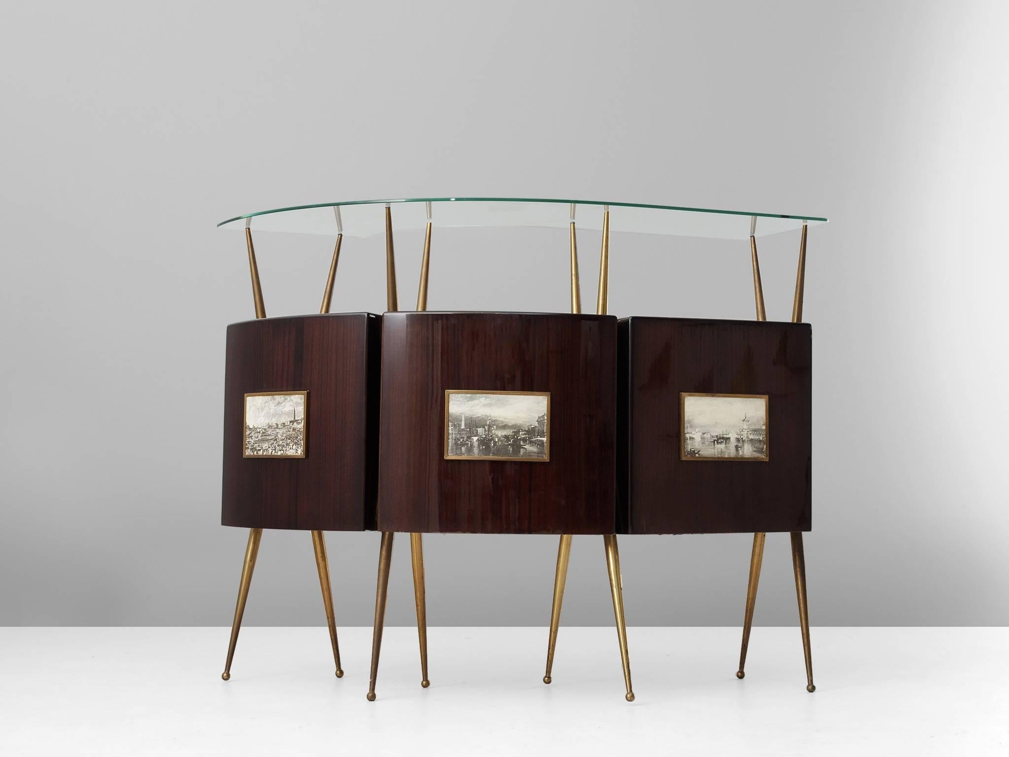 Bar, in mahogany, brass and glass, Italy, 1950s. 

Very well made Italian dry bar. This complete bar is designed somewhere midway the 1950s and each of the counters contains a nice sketched view of an Italian city. The brass legs show some real