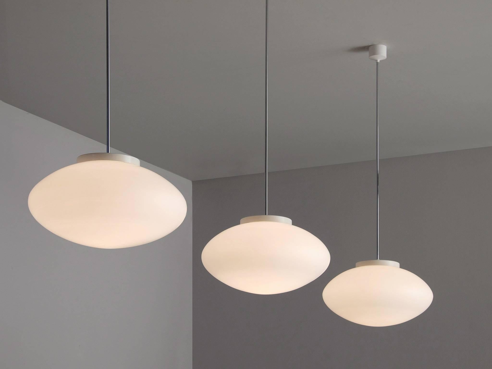 Mid-Century Modern Set of Three White Pendants in Opaline Glass