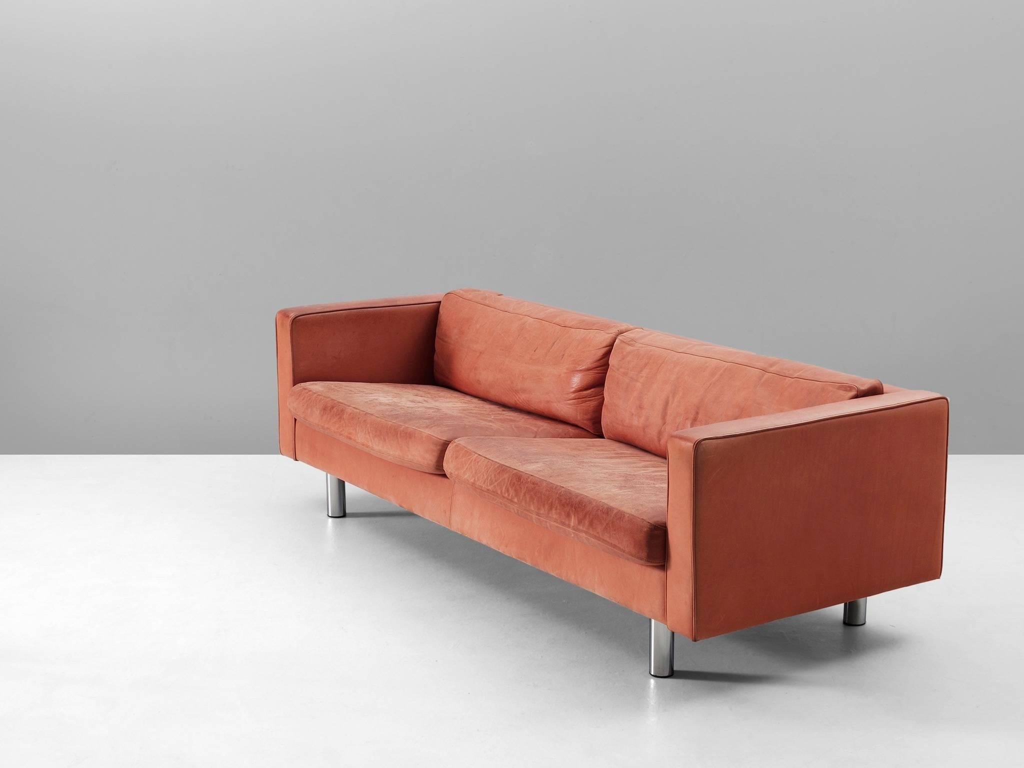 Scandinavian Modern Illums Bolighus Patinated Red Leather Sofa