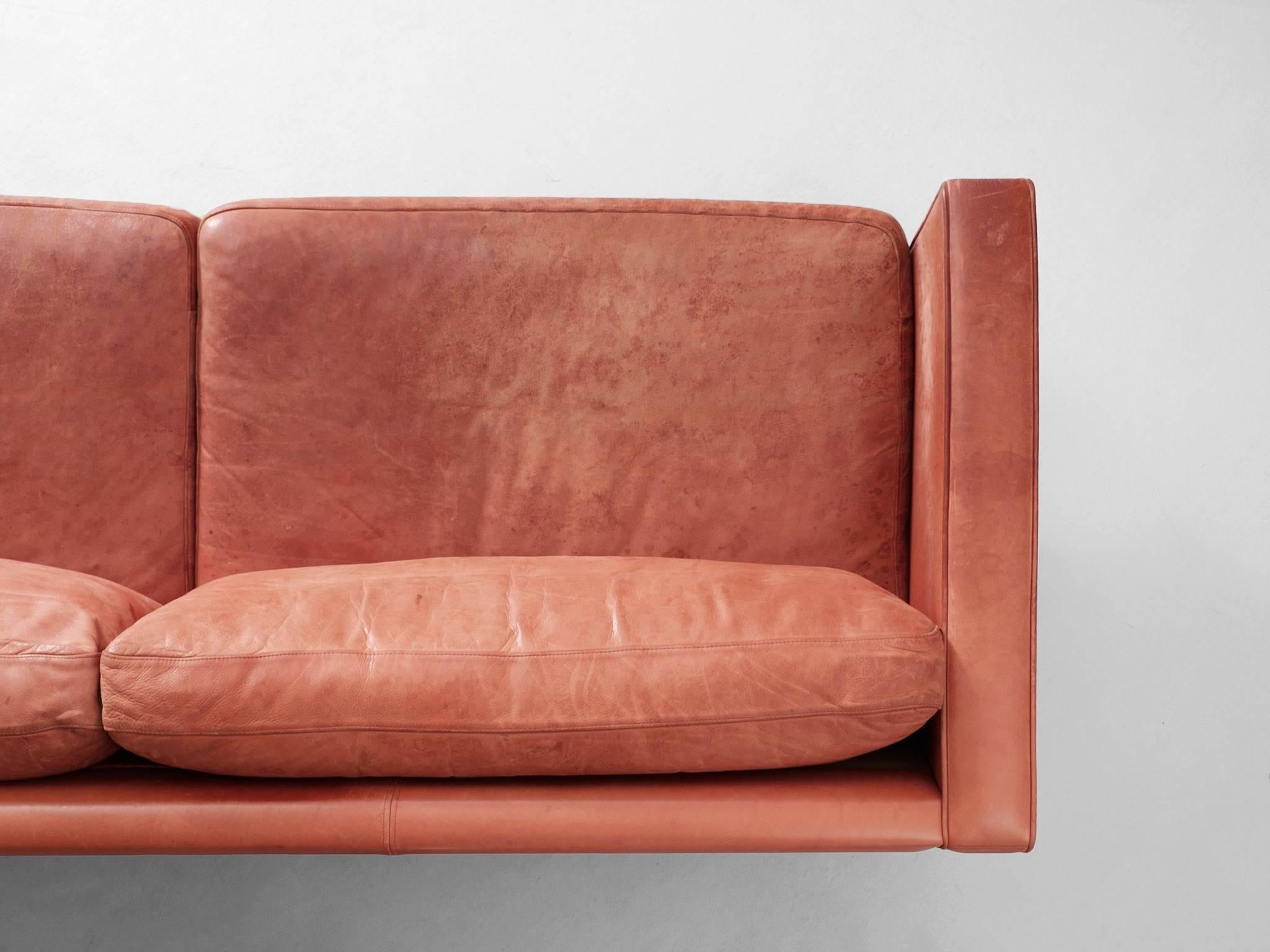 Illums Bolighus Patinated Red Leather Sofa In Good Condition In Waalwijk, NL