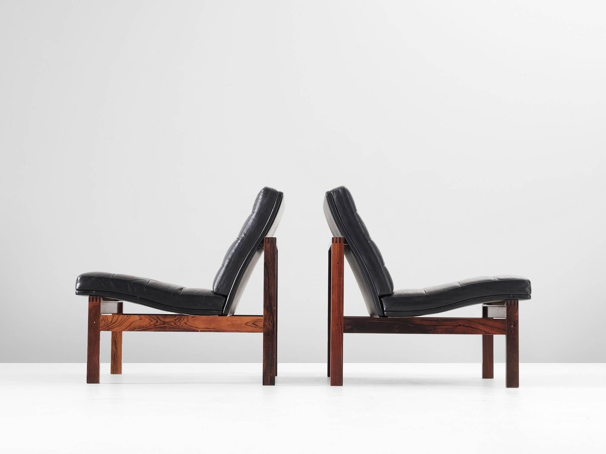Danish Pair of Easy Chairs in Black Leather for France & Søn