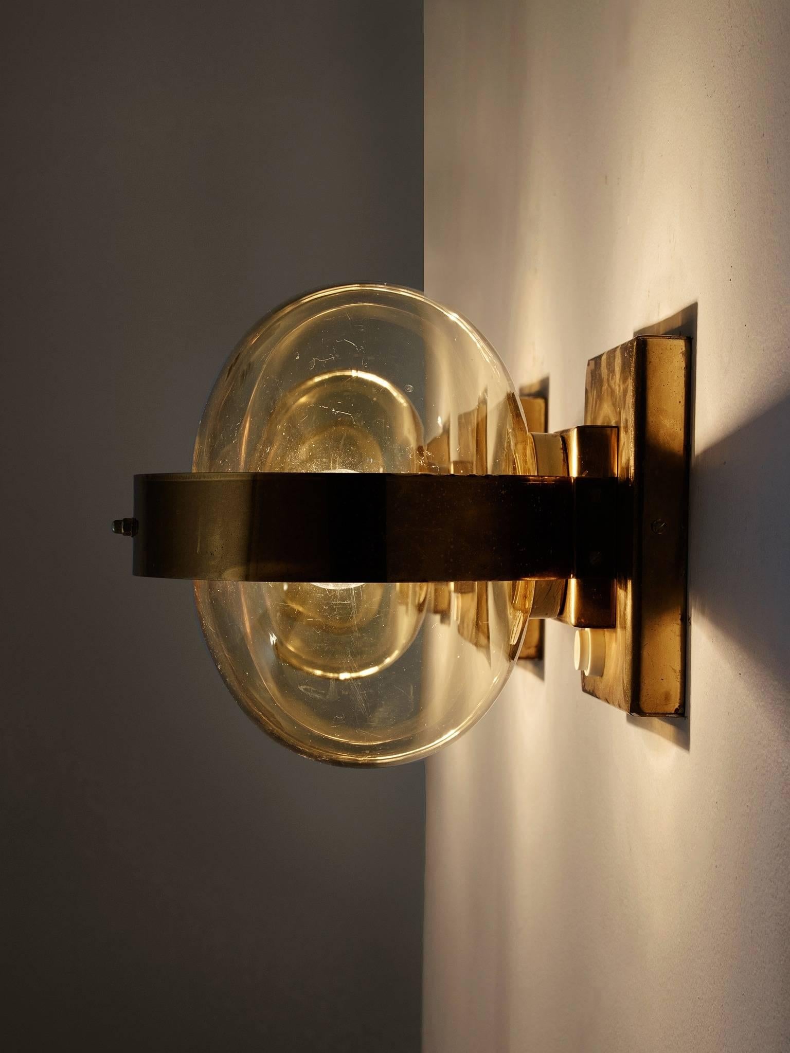 European Set of 2 Wall Lights in Brass and Glass