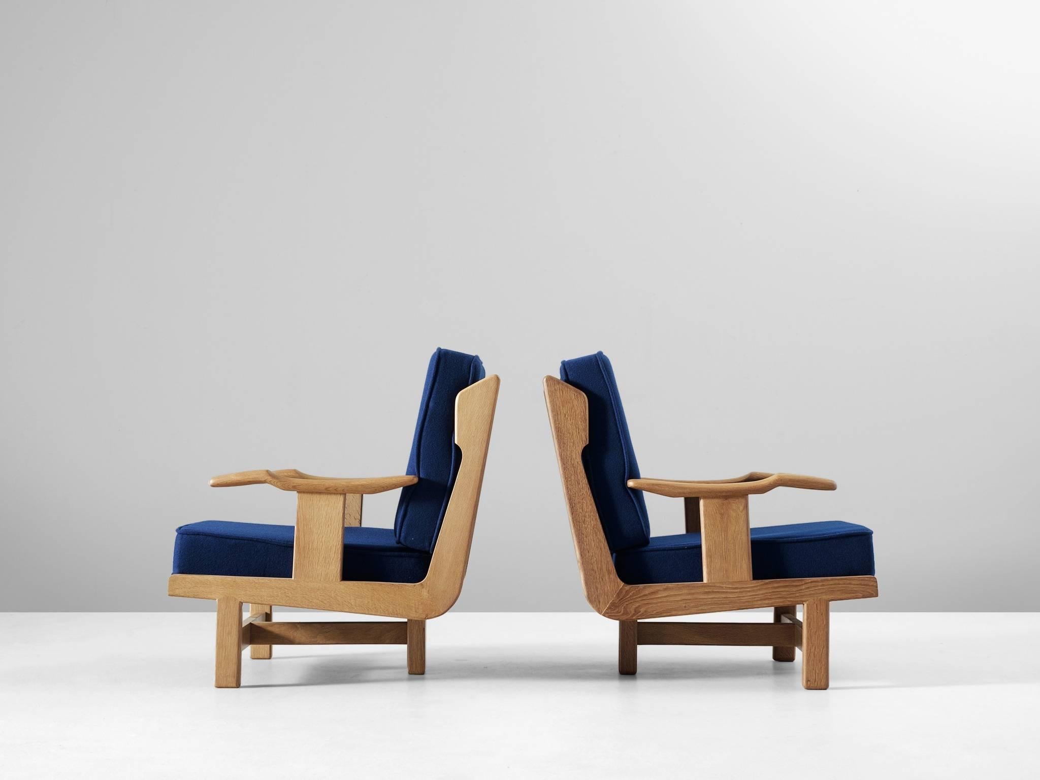 French Guillerme et Chambron Pair of Solid Oak Lounge Chairs