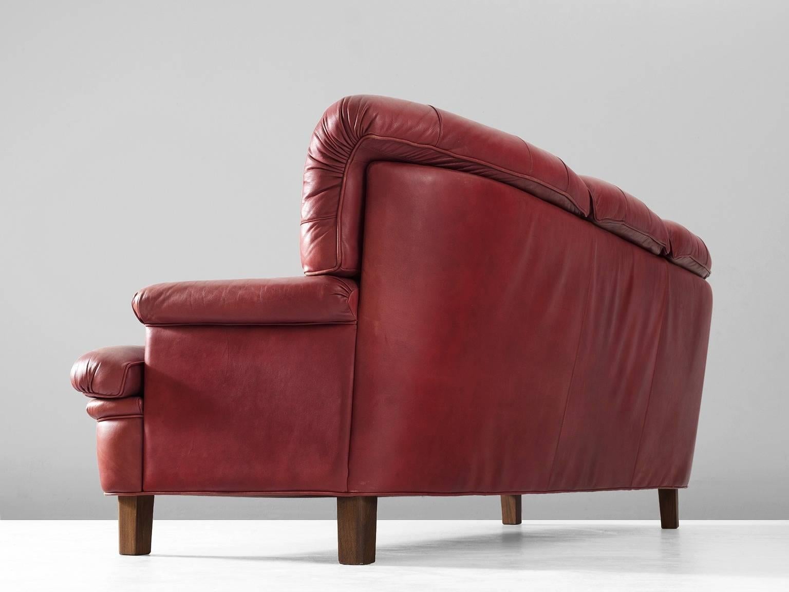 Swedish Arne Norell Three-Seat Sofa in Patinated Red Leather