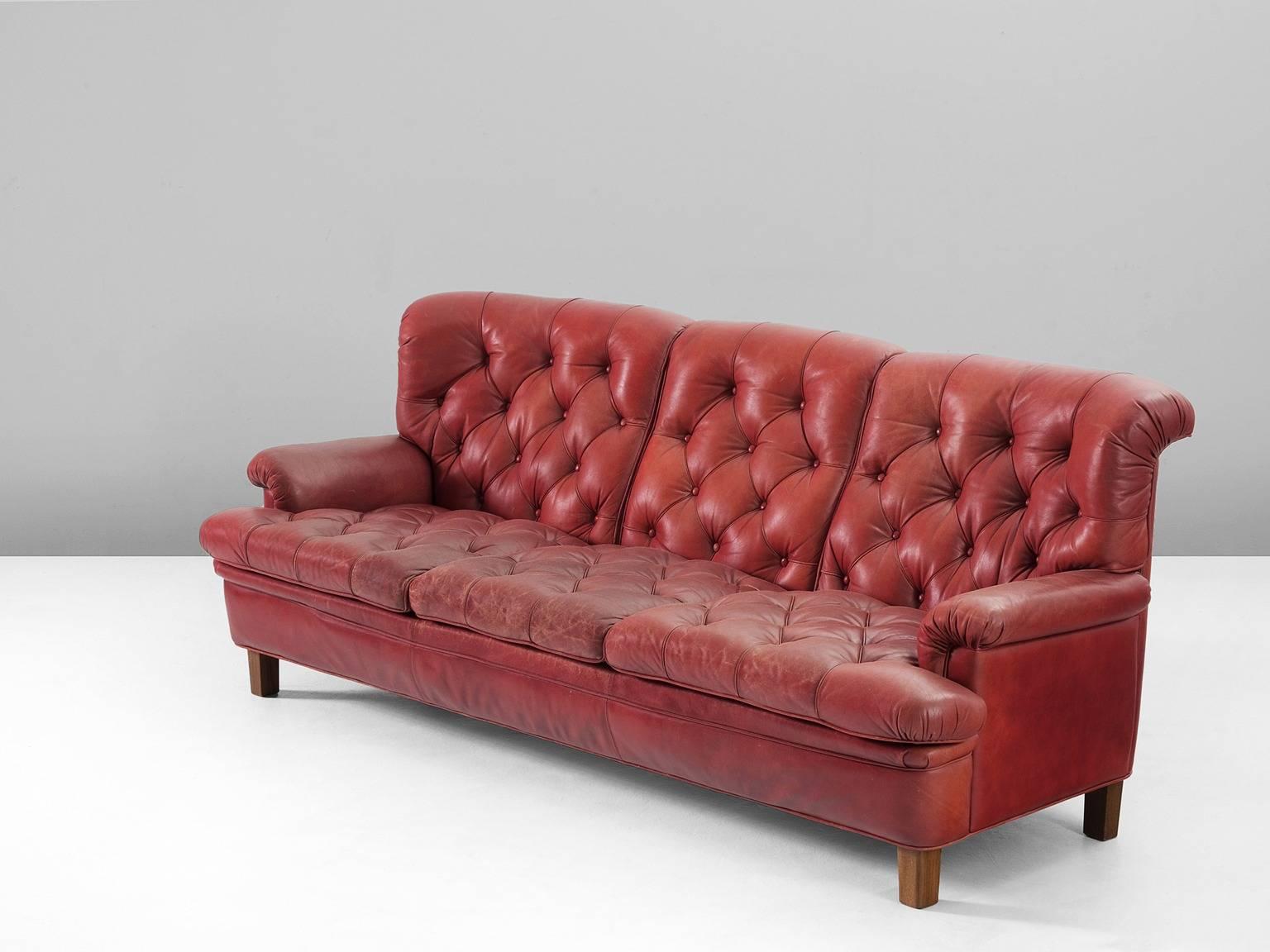 Mid-Century Modern Arne Norell Three-Seat Sofa in Patinated Red Leather