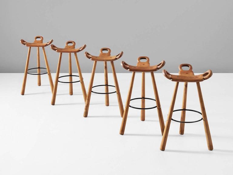 Set Of Five Spanish Brutalist Marbella Bar Stools For At 1stdibs Set Of Five Brutalist Or Marbella Bar Stools In Stained Beech