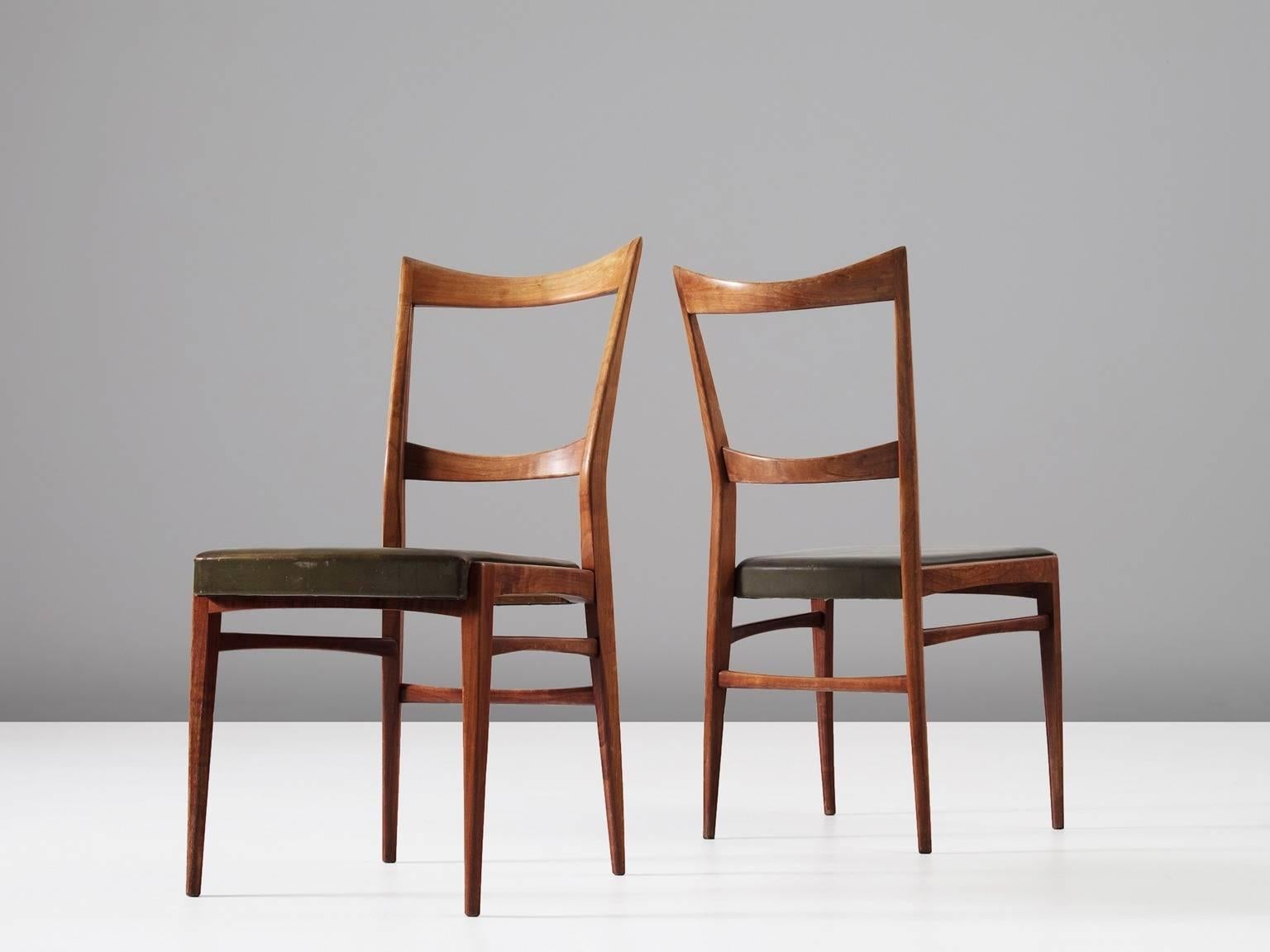Mid-20th Century Set of Six Italian Dining Chairs in Walnut and Green Leather Upholstery