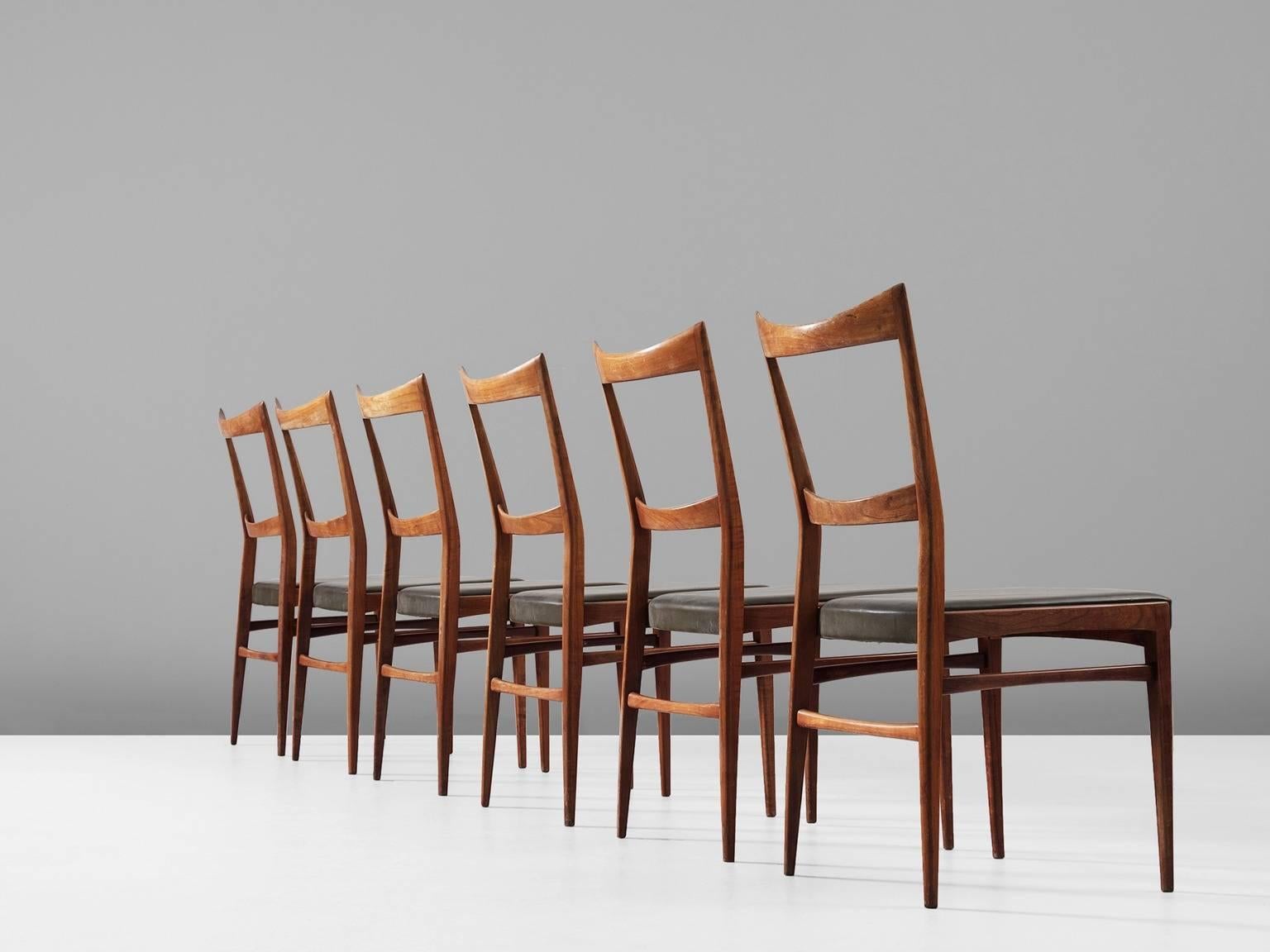 Mid-Century Modern Set of Six Italian Dining Chairs in Walnut and Green Leather Upholstery