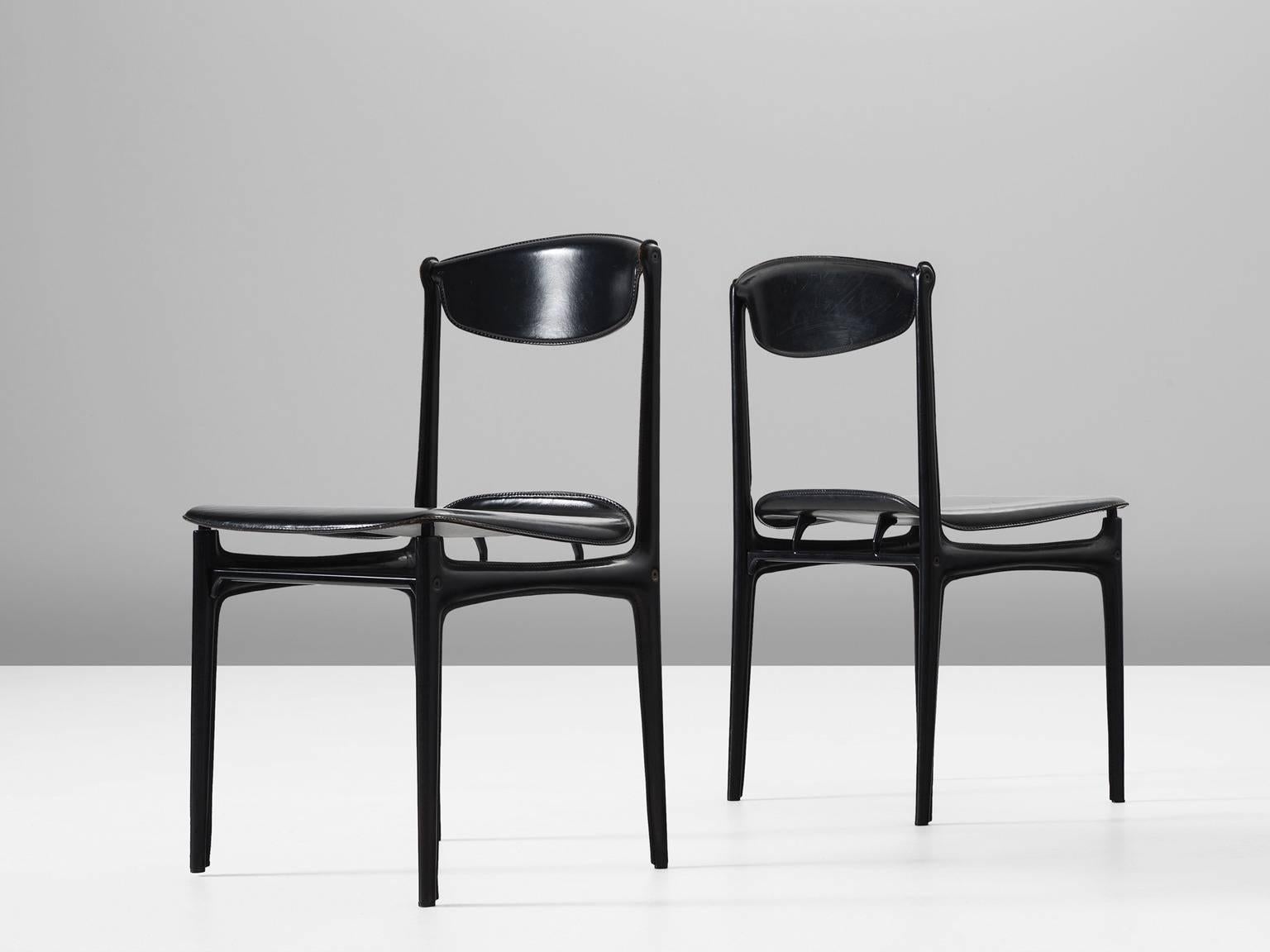 Set of Six Dining Chairs in Black Leather In Good Condition In Waalwijk, NL