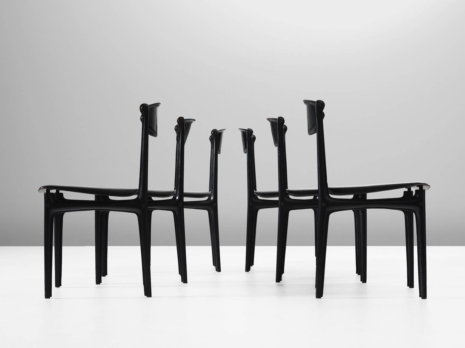 Italian Set of Six Dining Chairs in Black Leather