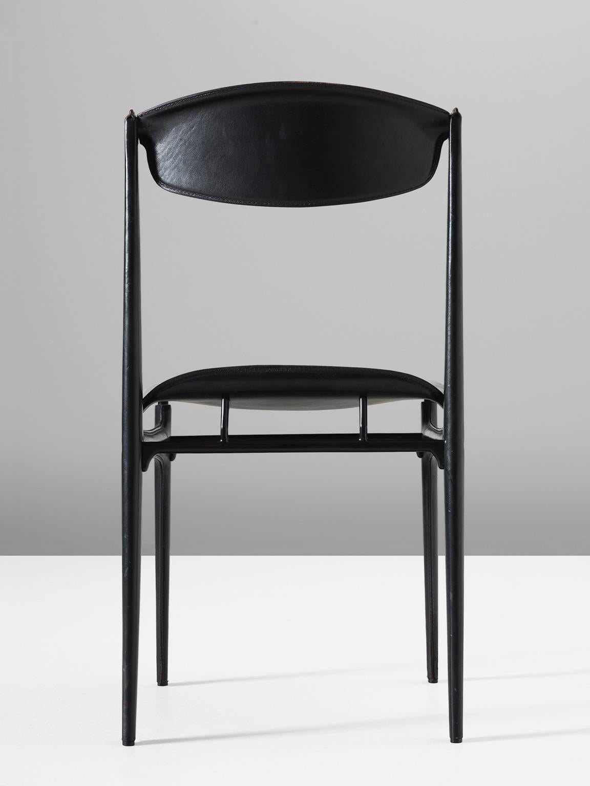 Set of Six Dining Chairs in Black Leather 1