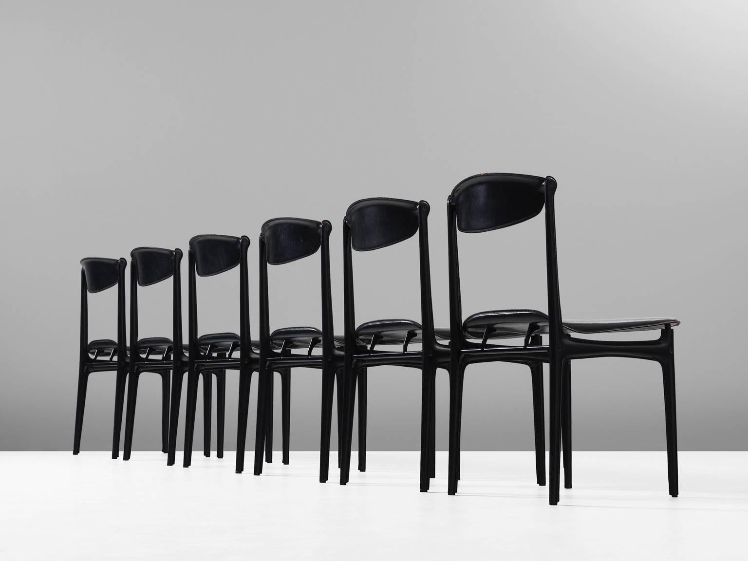 Mid-Century Modern Set of Six Dining Chairs in Black Leather