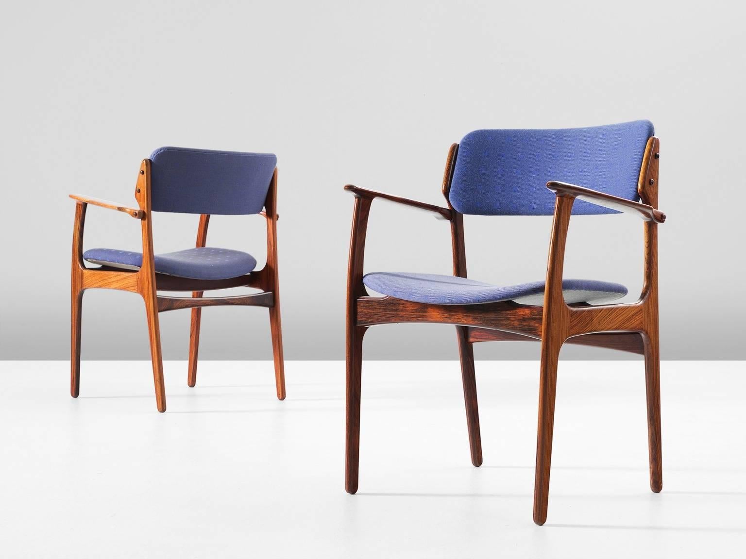 Danish Erik Buck Set of Eight Dining Chairs in Rosewood and Blue Fabric Upholstery