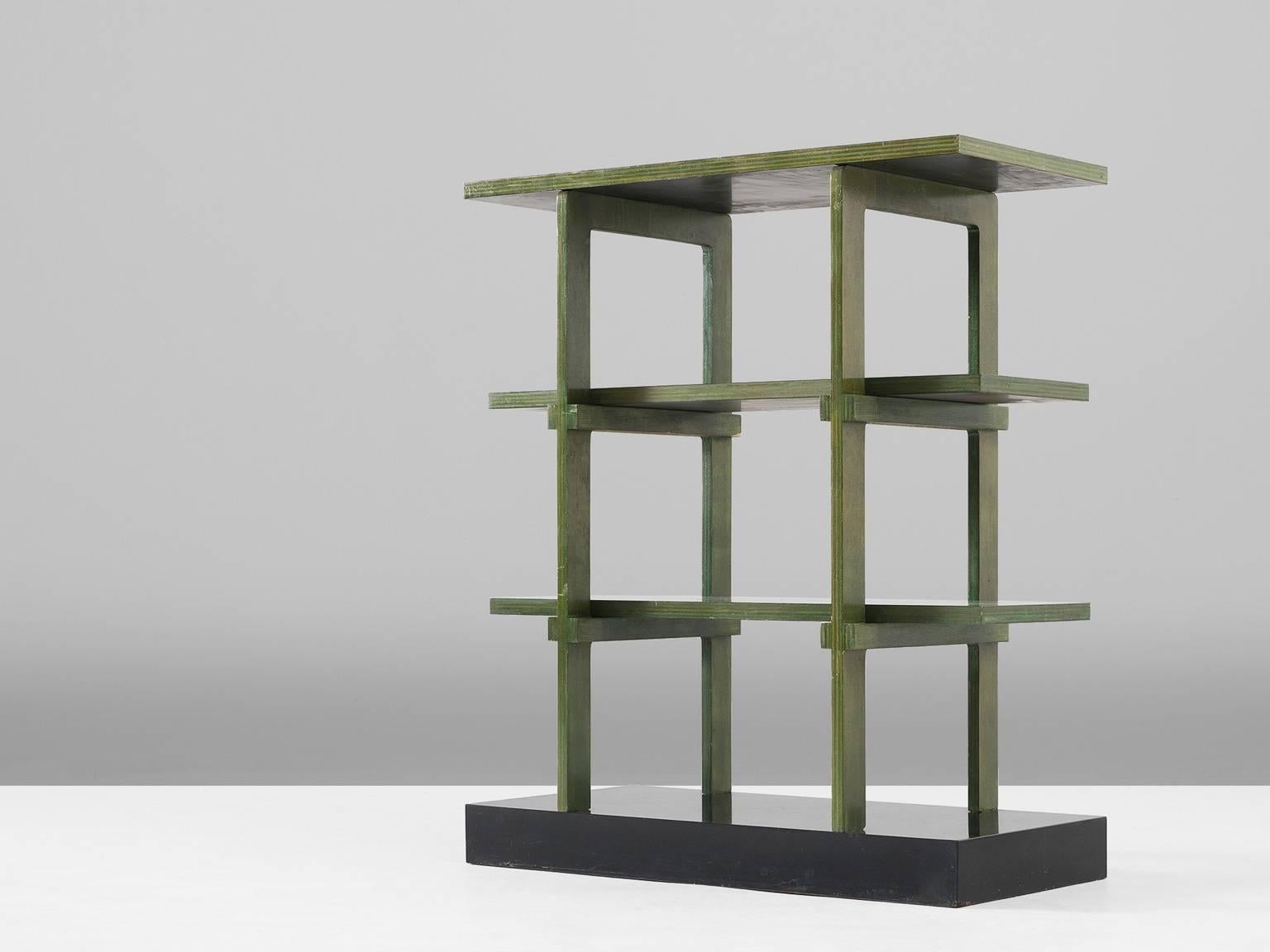 Bookcase, in wood, by Gabetti & Isola, Italy, 1950s. 

Beautiful green colored room divider. This bookcase is divided over three levels with two shelves. A simplistic design, yet highly effective. The black shimmering base makes a nice