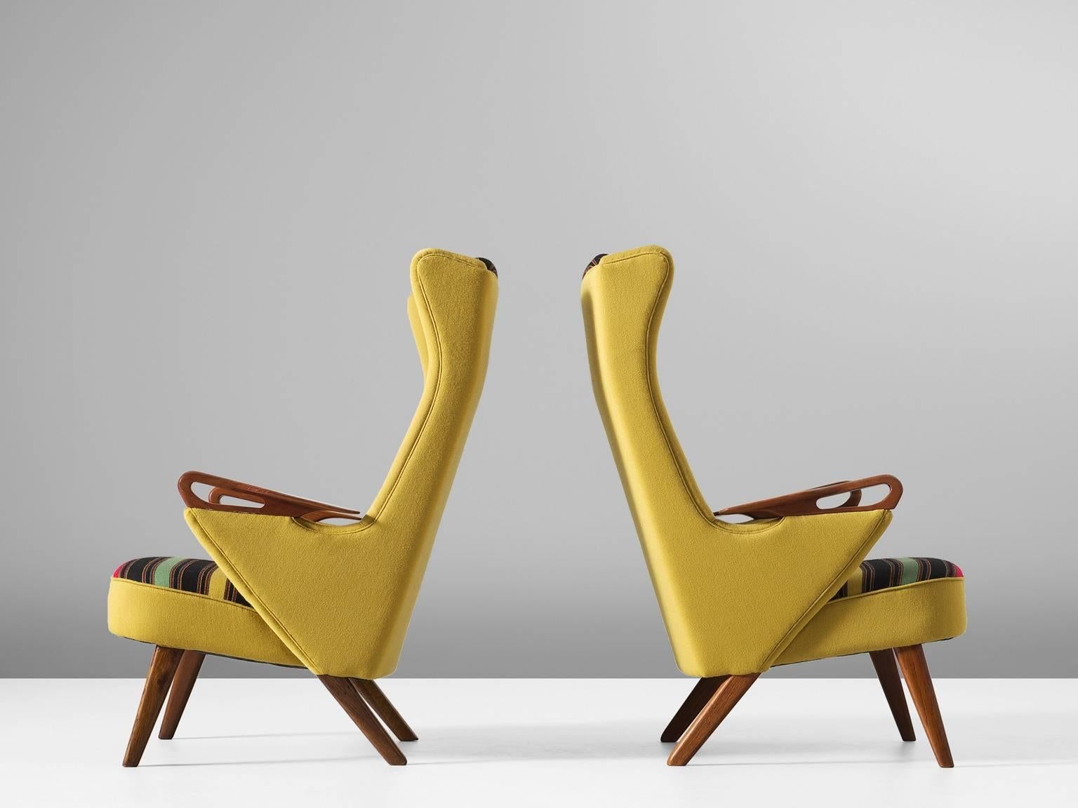 Mid-Century Modern Colorful Pair of Danish Reupholstered Highback Chairs
