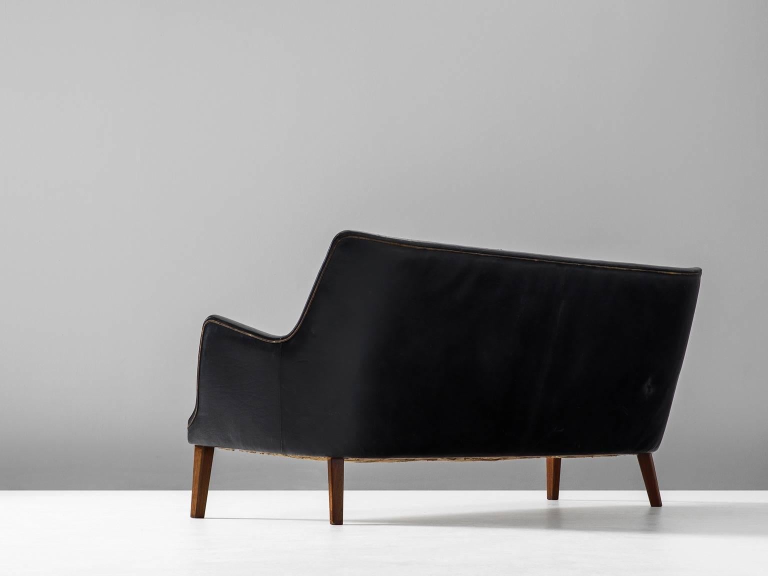 Danish Arne Vodder Black Leather Sofa