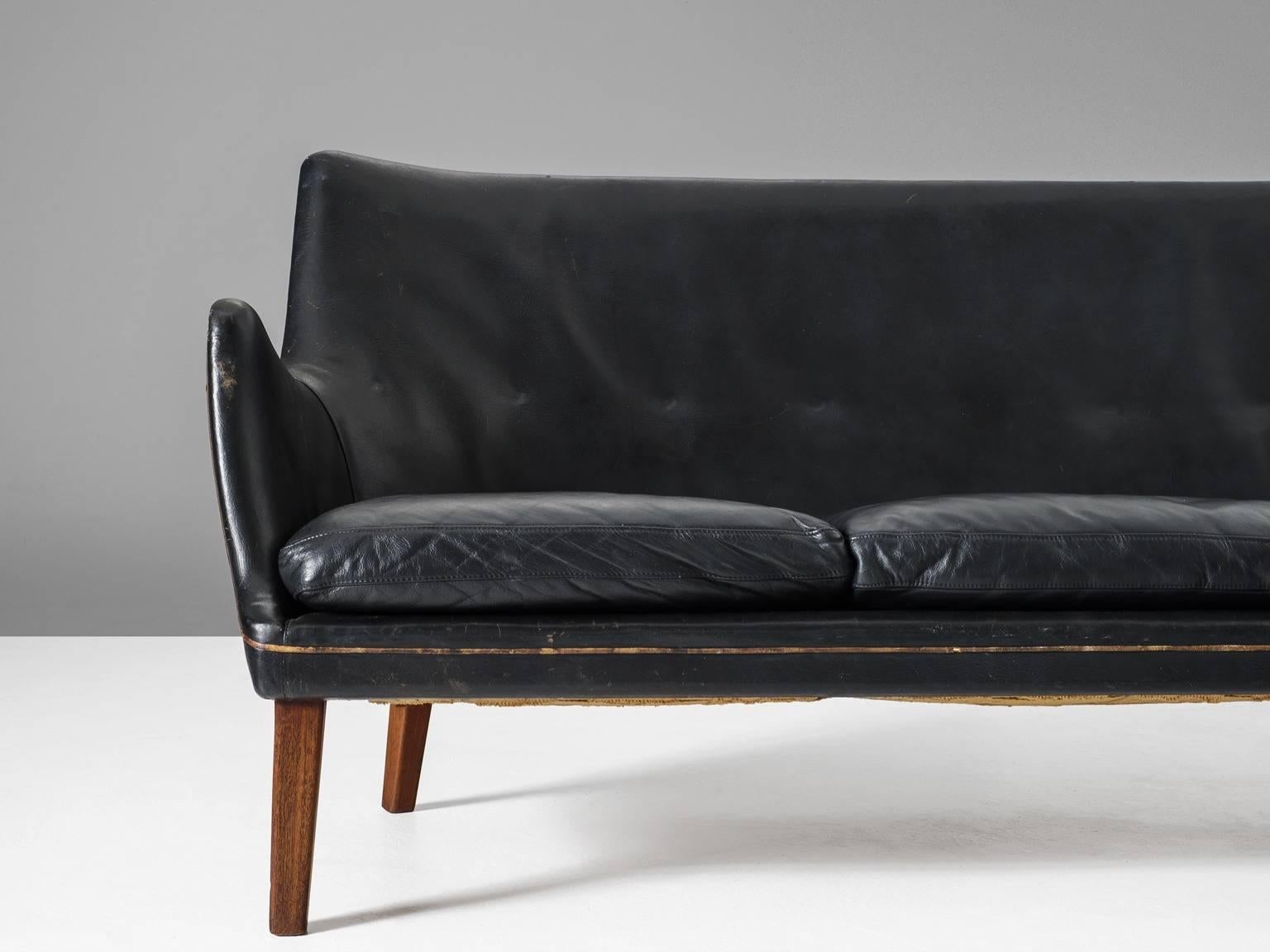 Arne Vodder Black Leather Sofa In Good Condition In Waalwijk, NL