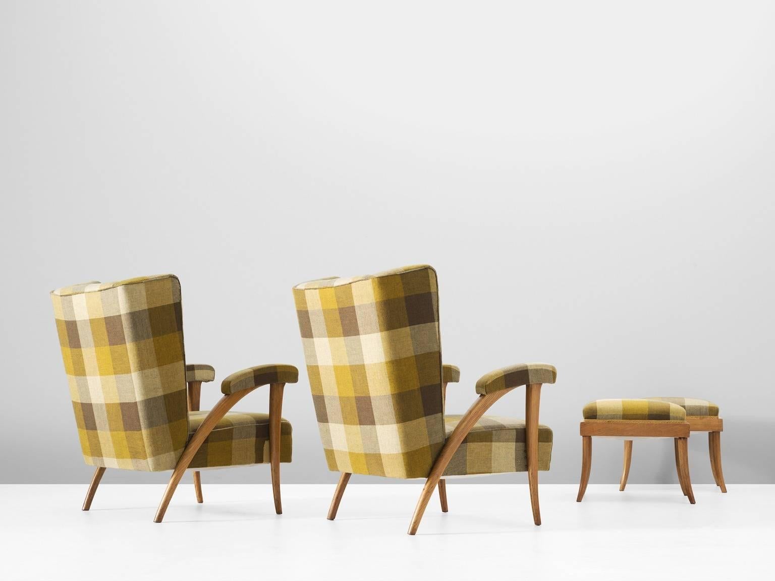 Mid-Century Modern Pair of Italian Lounge Chairs and Ottomans in Green Checkered Upholstery