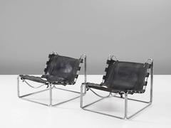 Olivier Mourgue Set of Two Black Leather Tubular Lounge Chairs