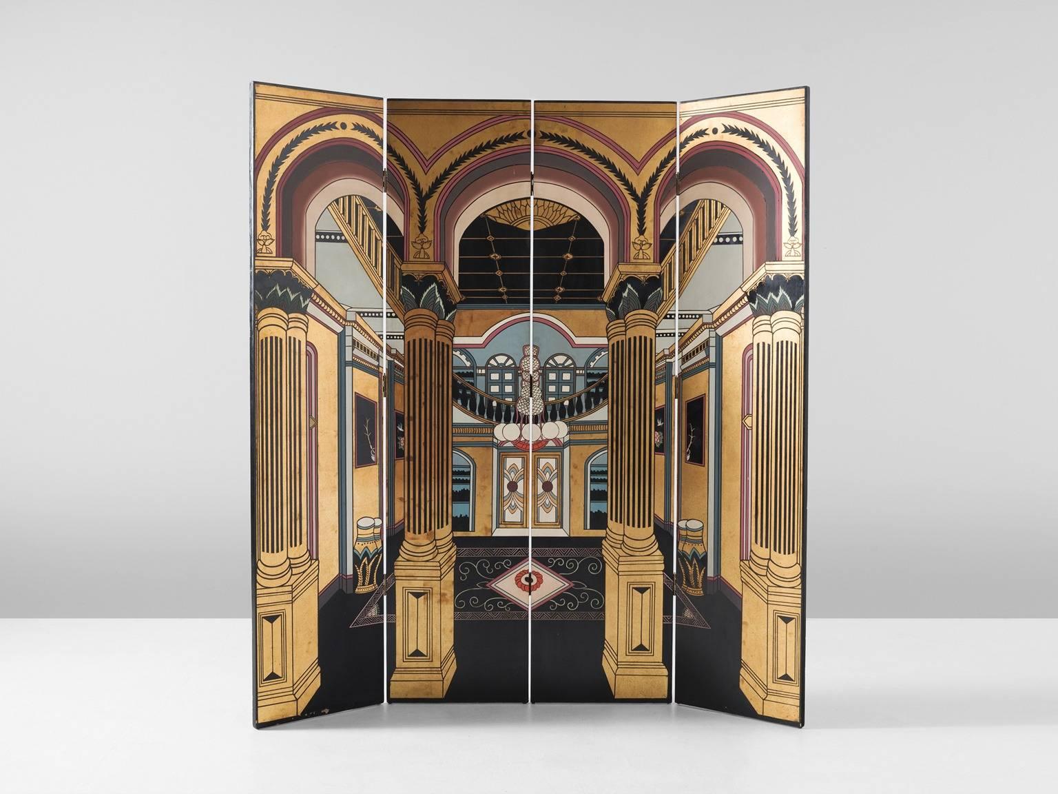 Room divider, in wood and metal, Europe, 1940s. 

Four wooden panels with beautiful carved woodwork. One side is illustrated with a luxurious and architectural interior, colorful and with gold leaf. The ebonized black back is decorated with