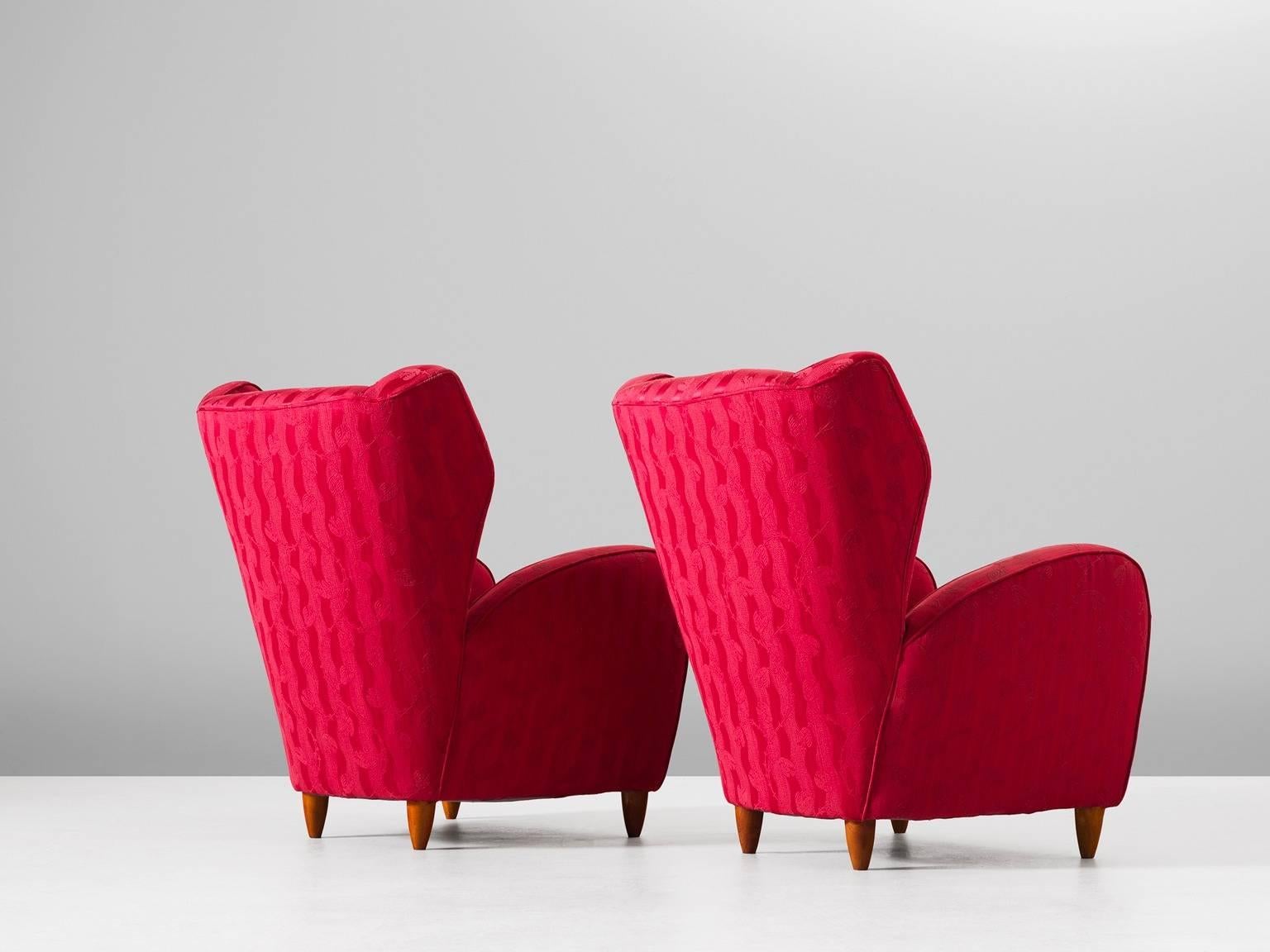 Mid-Century Modern Pair of Italian Red Wingback Lounge Chairs