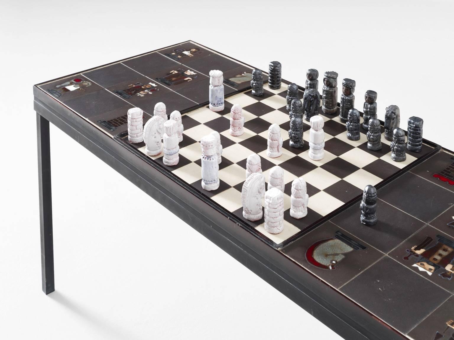 Mid-Century Modern Jan Ryheul Chess Table with Ceramic Pieces for Perignem