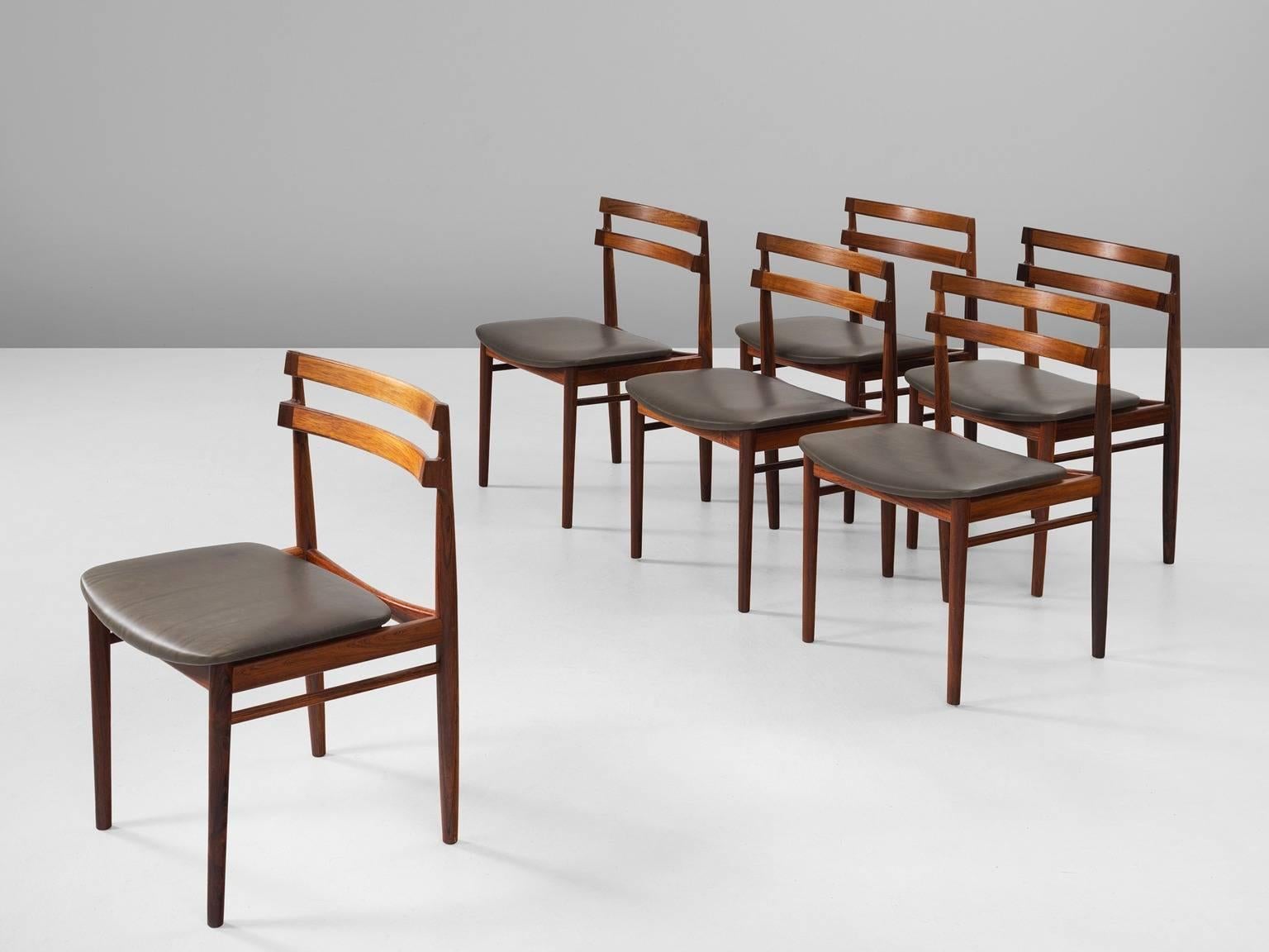 Set of six chairs, in rosewood and leather, for Brande Mobelfabrik, Denmark, 1960s.

Set of six excellent dining room chairs in rosewood and grey-green leather. These chairs have a beautiful design, characteristic as Scandinavian Modern. A