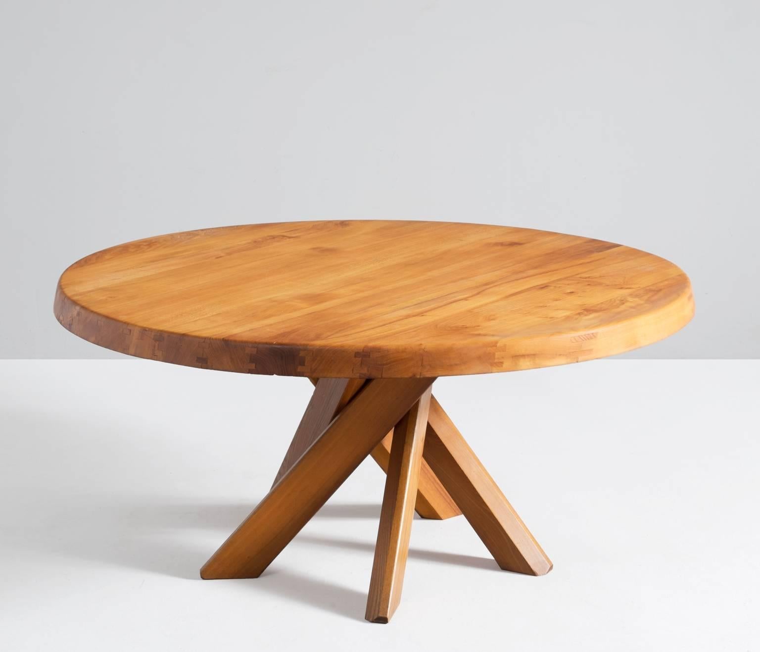 Dining table in elm by Pierre Chapo, France, 1960s.

The shape of the base creates a very open look and makes this an object to make a space more interesting. Well made solid wood joints, also shown on the side of the top with double connection