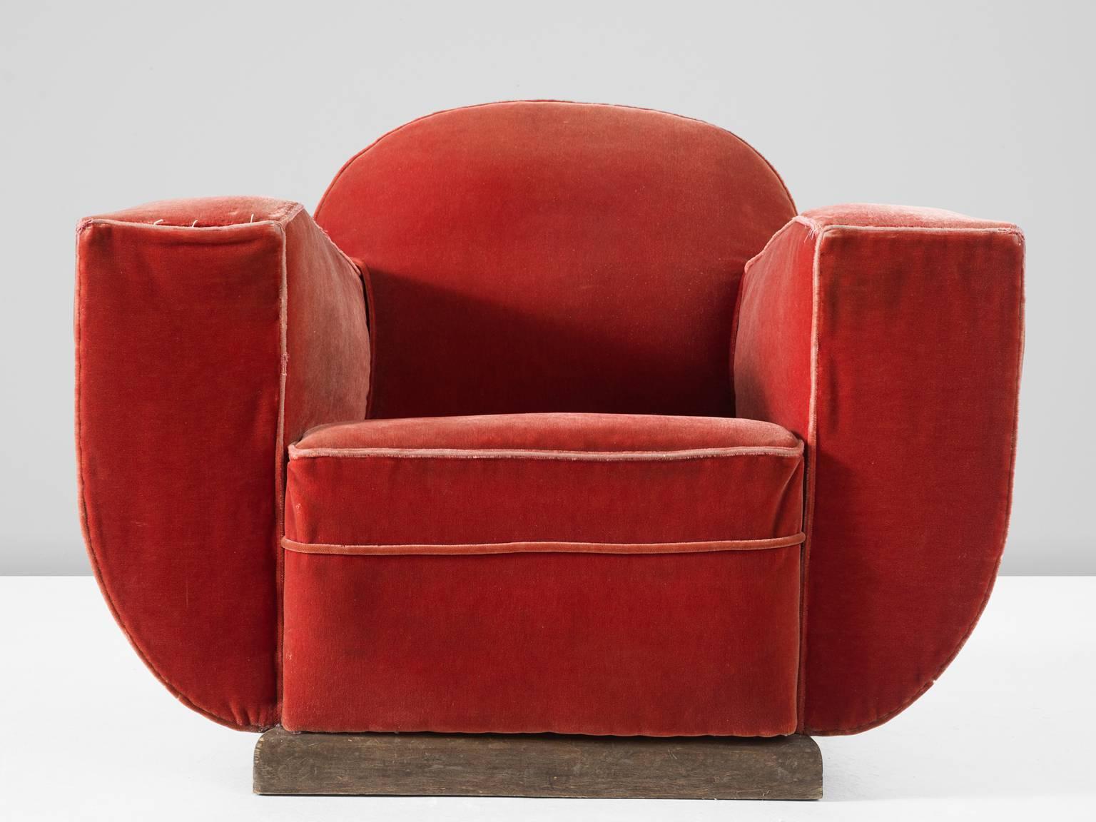 Pair of French Art Deco Club Chairs in Red Mohair Upholstery 1