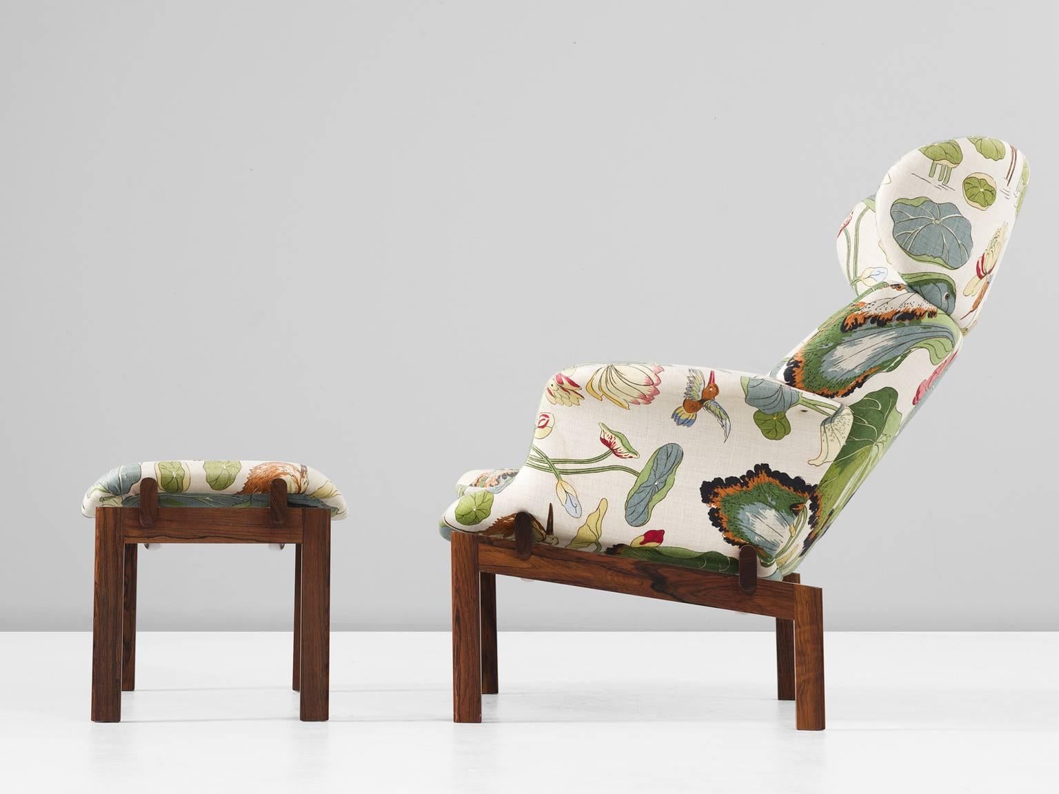 Danish Erik Jorgensen Rare Lounge Chair in Floral Fabric and Solid Rosewood