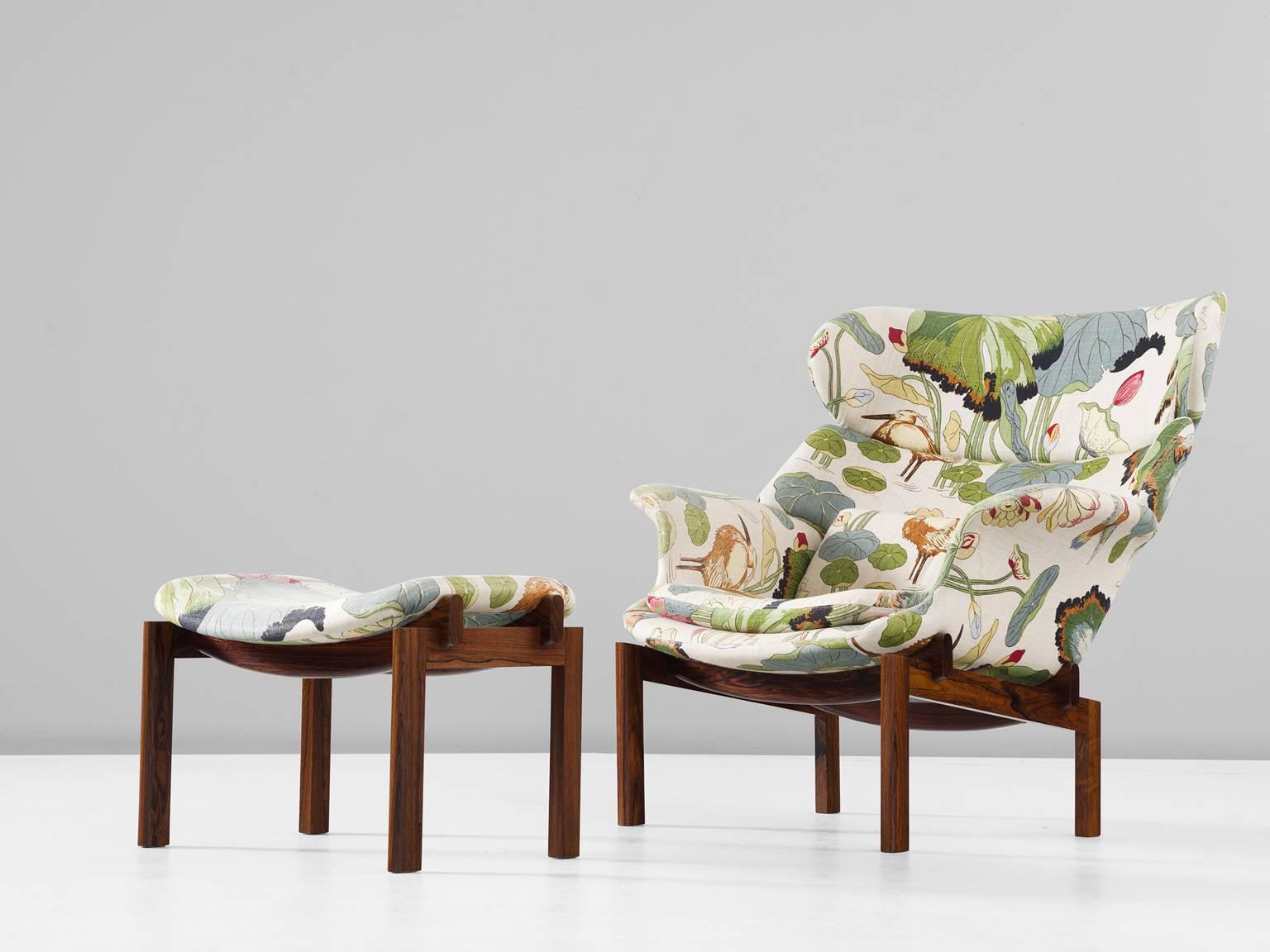 Scandinavian Modern Erik Jorgensen Rare Lounge Chair in Floral Fabric and Solid Rosewood