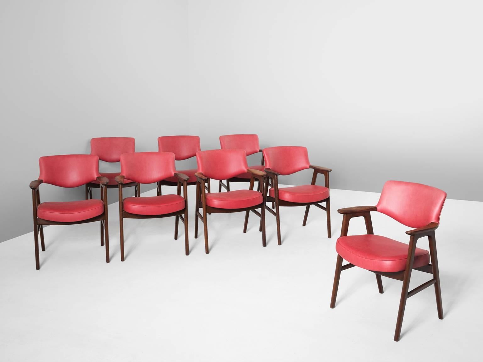 Set of eight armchairs, in rosewood and leather, Denmark, circa 1952.

Very comfortable dining chairs, due to well-shaped armrests and ergonomic proportions of the back and seat. The sculptural back is very attractive, as the beautifully curved