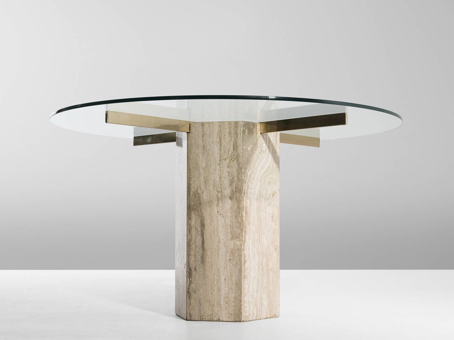 Hollywood Regency Italian Travertine and Brass Round Dining Table