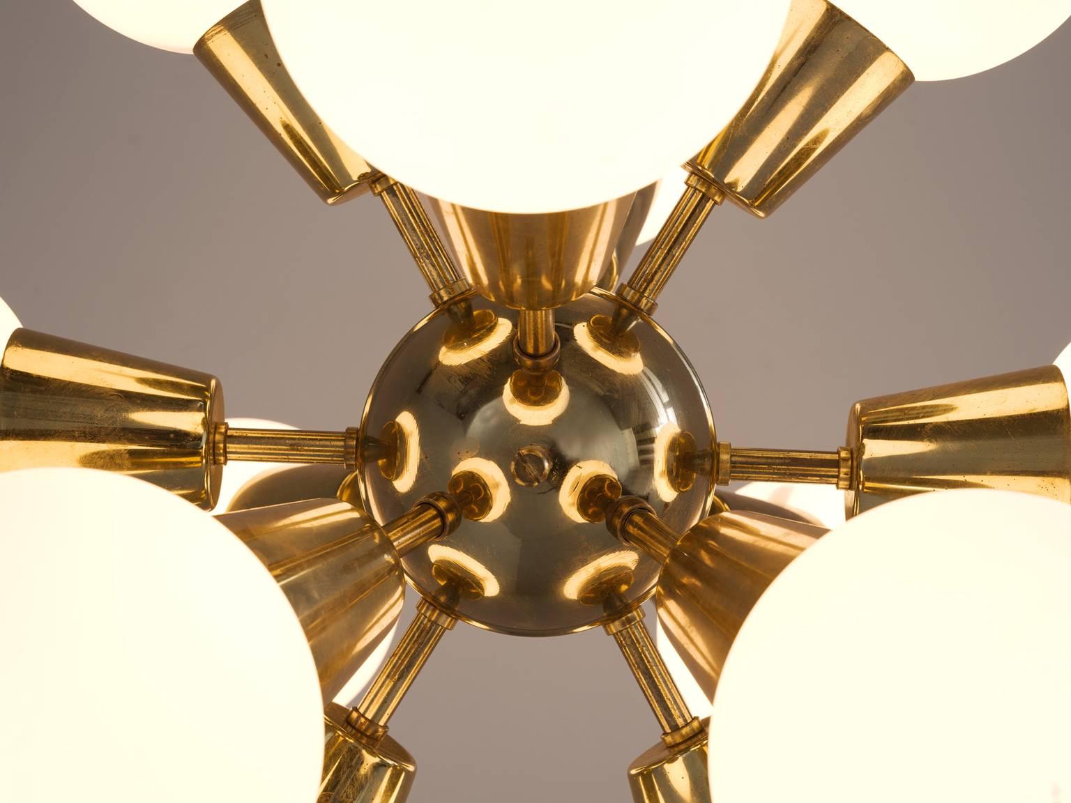 Late 20th Century Set of Three Brass Sputniks with Opaline Glass Spheres