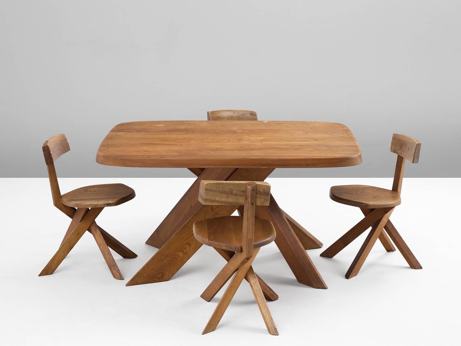 Mid-Century Modern Pierre Chapo Solid Elm Dining Room Set with Four Chairs