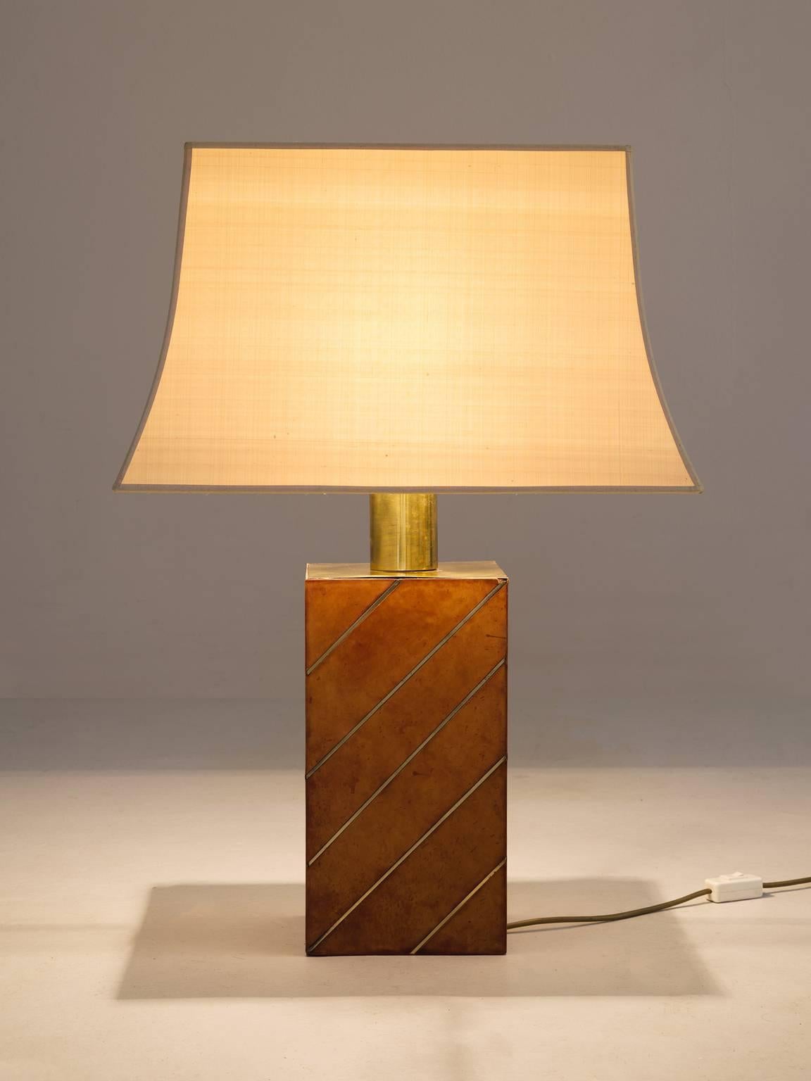 Hollywood Regency Pair of Brass and Cognac Leather Table Lamps