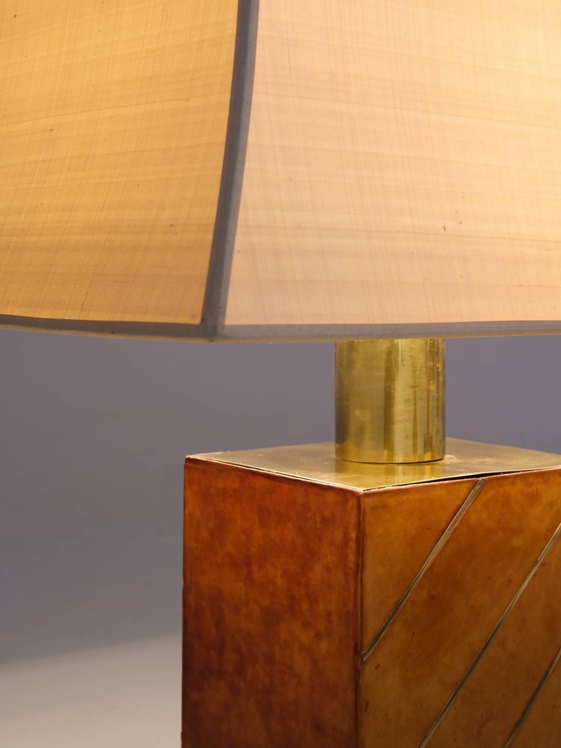 European Pair of Brass and Cognac Leather Table Lamps