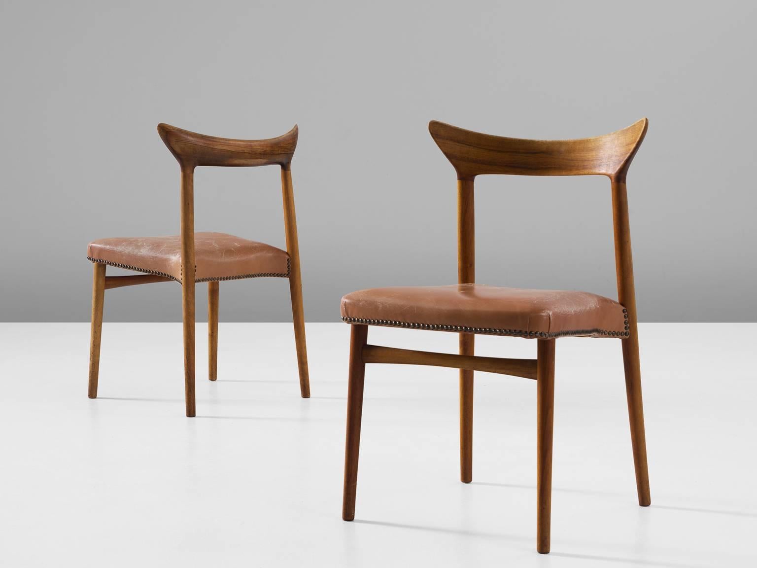 Mid-20th Century Set of Six Danish Dining Chairs in Walnut and Natural Leather