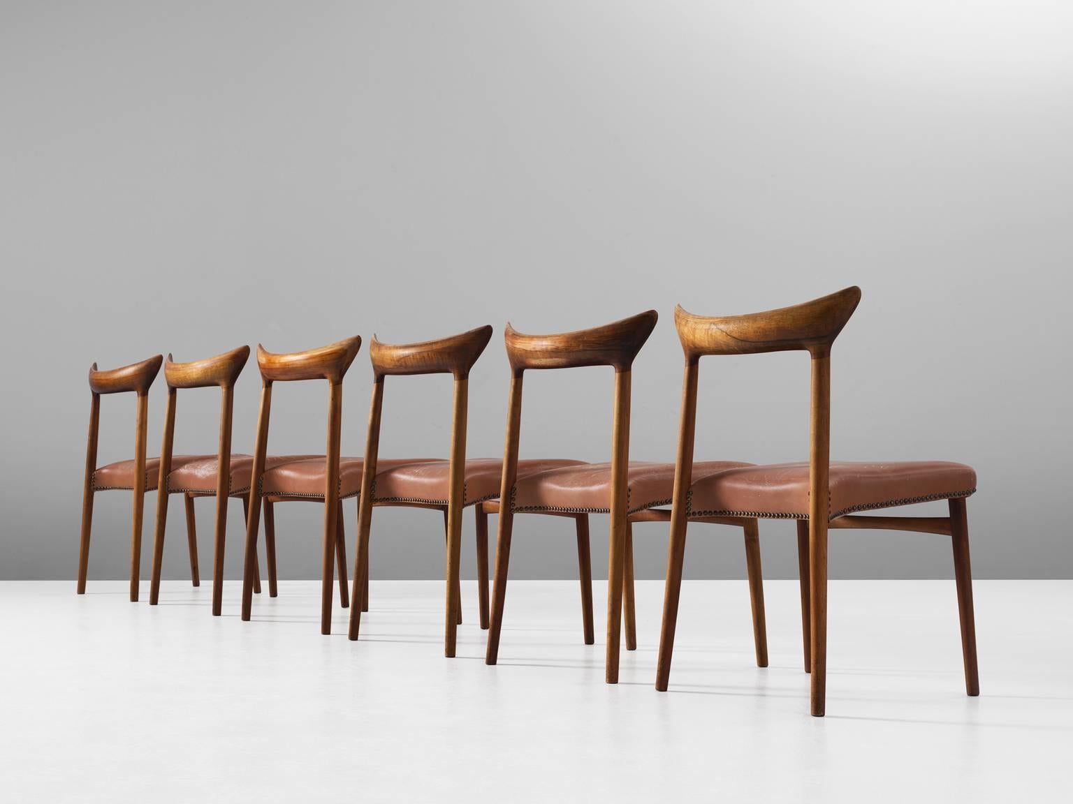 Set of Six Danish Dining Chairs in Walnut and Natural Leather In Good Condition In Waalwijk, NL