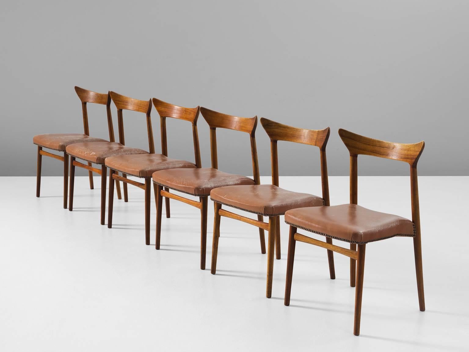 Mid-Century Modern Set of Six Danish Dining Chairs in Walnut and Natural Leather