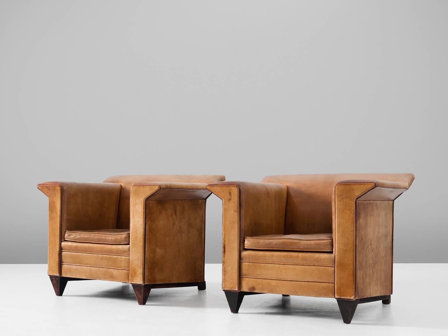 European Pair of Cubistic Armchairs in Cognac Leather